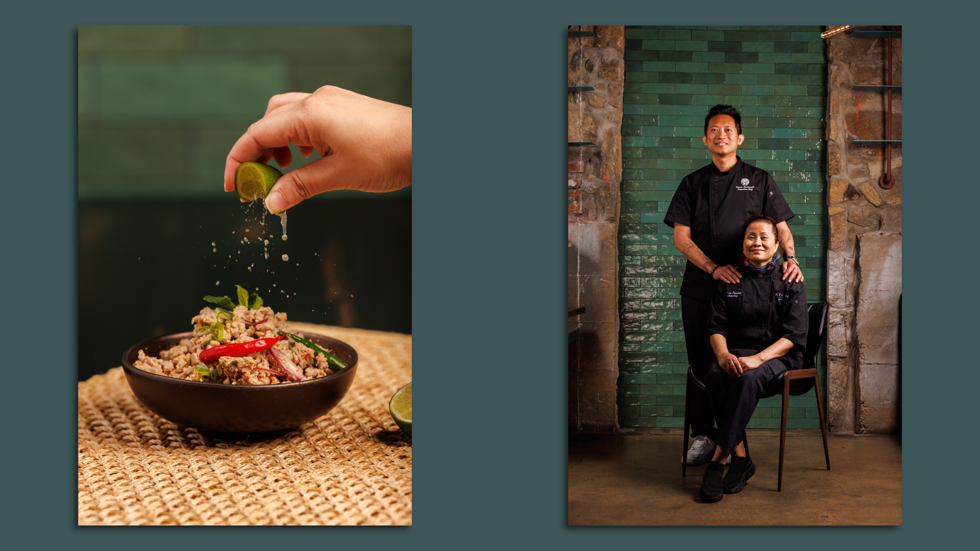 A picture of laab pork salad (left) and the chef and his mother
