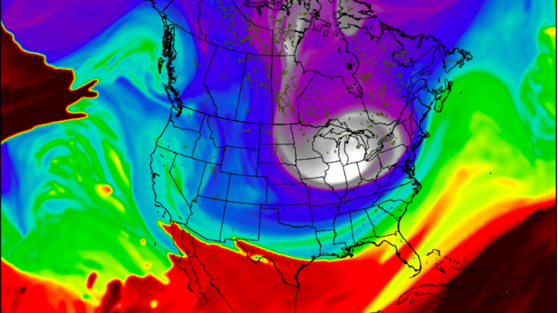 Potential temperature where the troposphere meets the stratosphere, showing a lobe of the polar vortex over the Midwest.