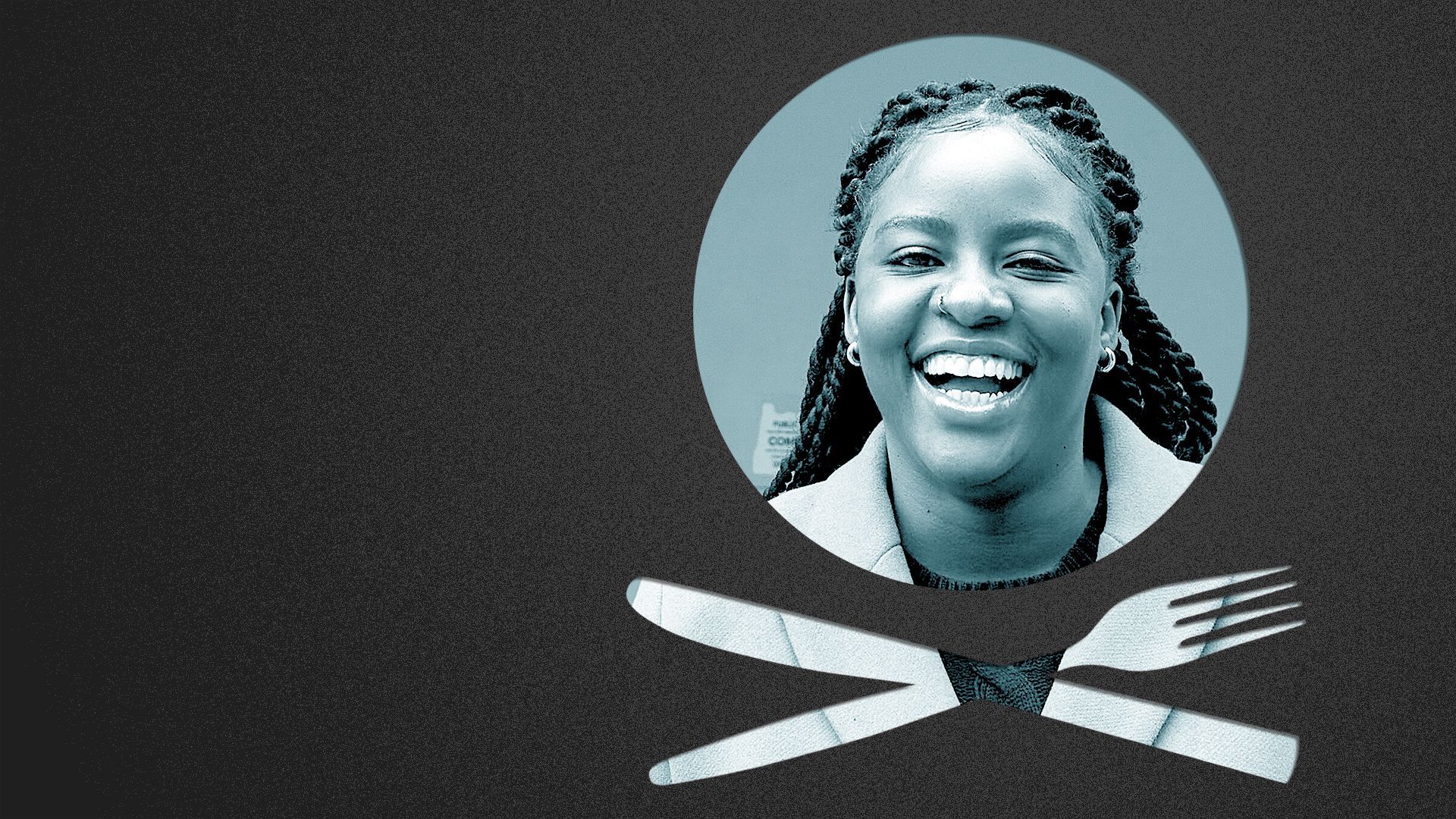 Photo illustration of a place setting shaped like a skull and crossbones containing a photo of Fatou Ouattara.