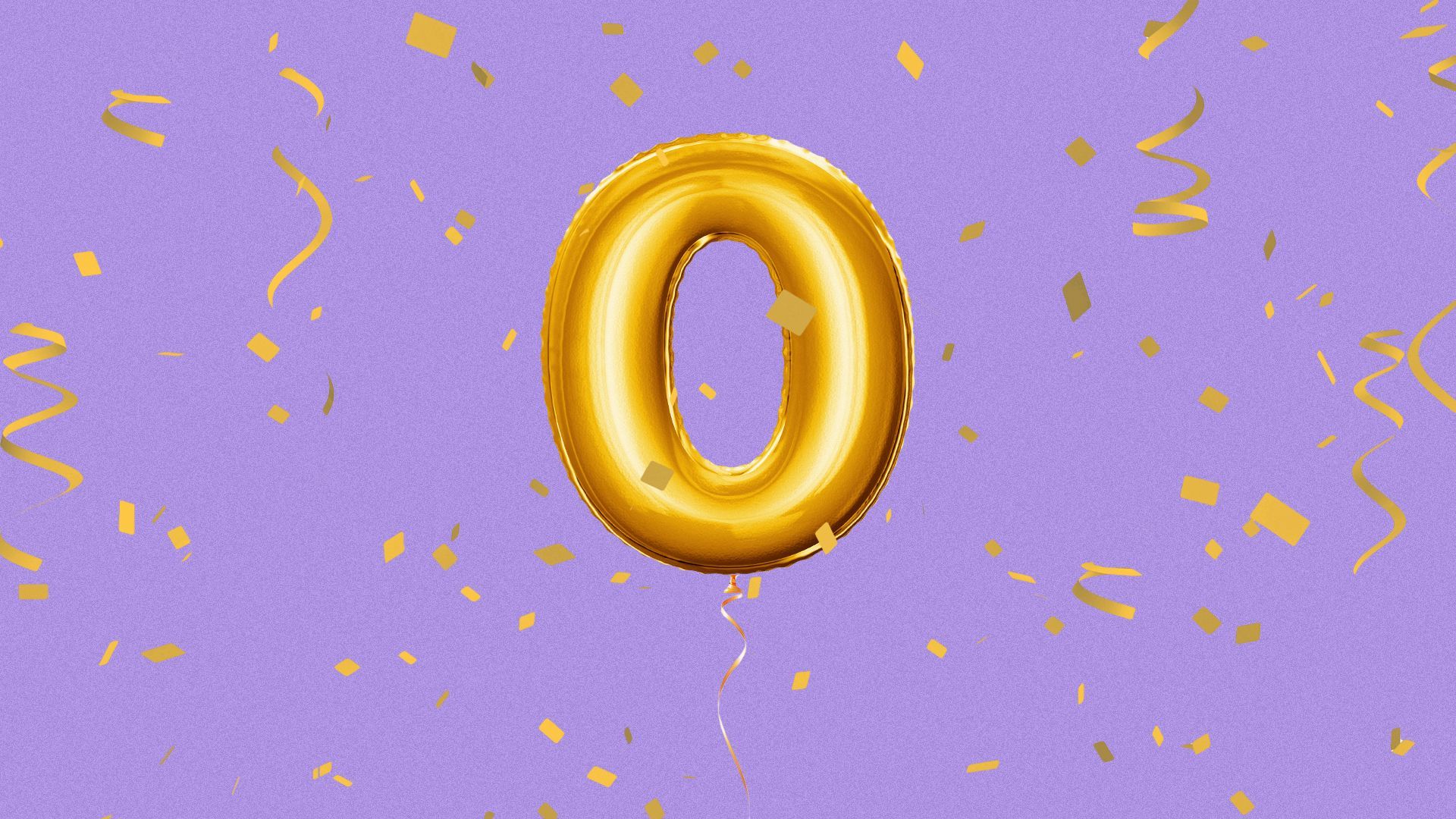 Illustration of a balloon in the shape of a zero with confetti all around.