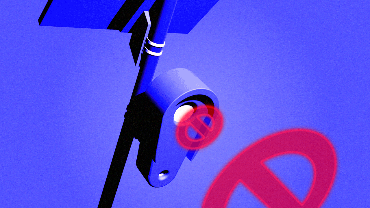Animated illustration of a street surveillance camera. Red no signs appear in front of the lens and project outward from it in succession.