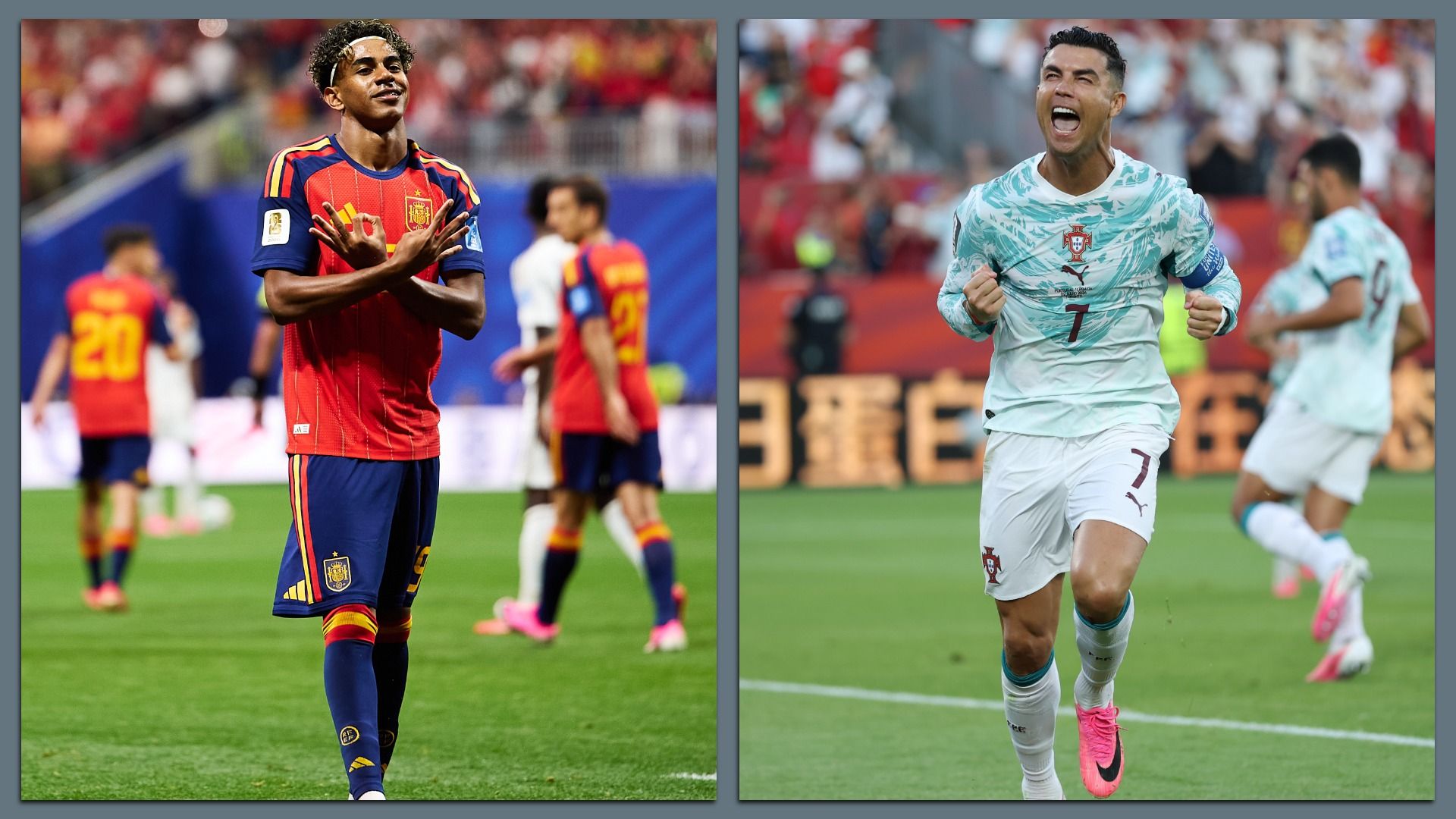 Side-by-side photos of Lamine Yamal and Cristiano Ronaldo, both celebrating on the field