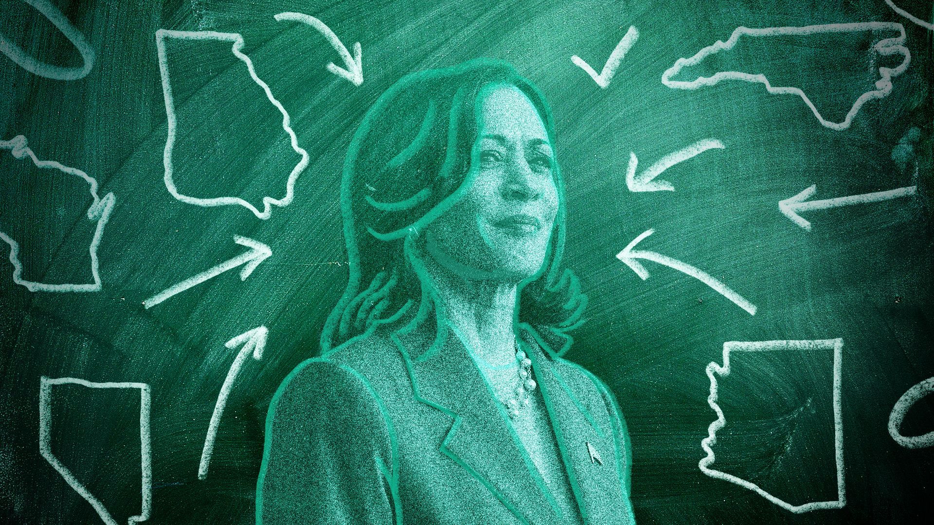 Photo illustration of Kamala Harris drawn on a chalkboard with different U.S. states drawn around her, with arrows pointing to Harris.