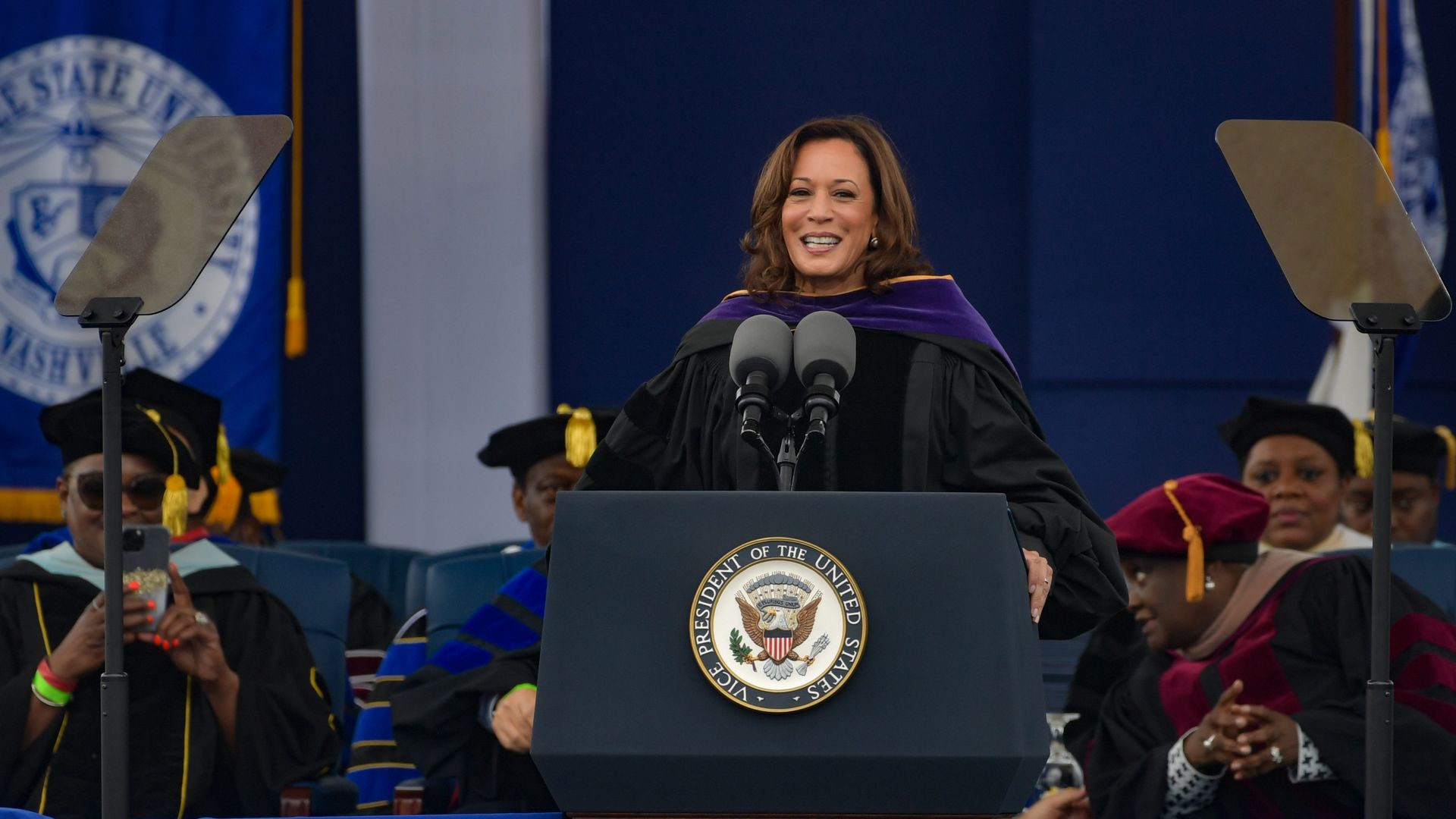 Kamala Harris giving a keynote graduation address