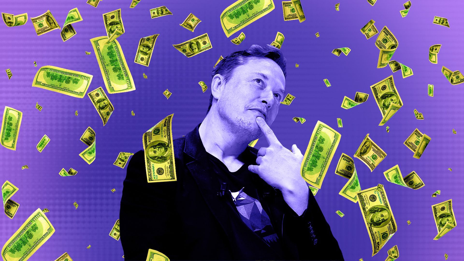Photo illustration of Elon Musk with money falling all around.