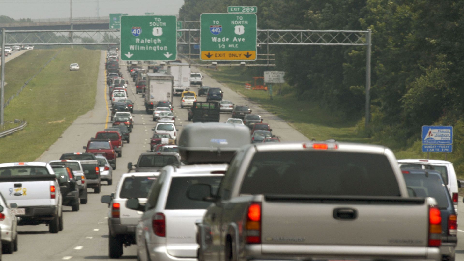 RALEIGH, NC - JULY 1: Traffic flows east on Interstate 40 in North Carolina, which connects such cities as Charlotte and Raleigh to many beaches on the east coast of the state July 1, 2005 in Raleigh, North Carolina. The AAA estimates over 40 million people will travel this weekend, a record number.