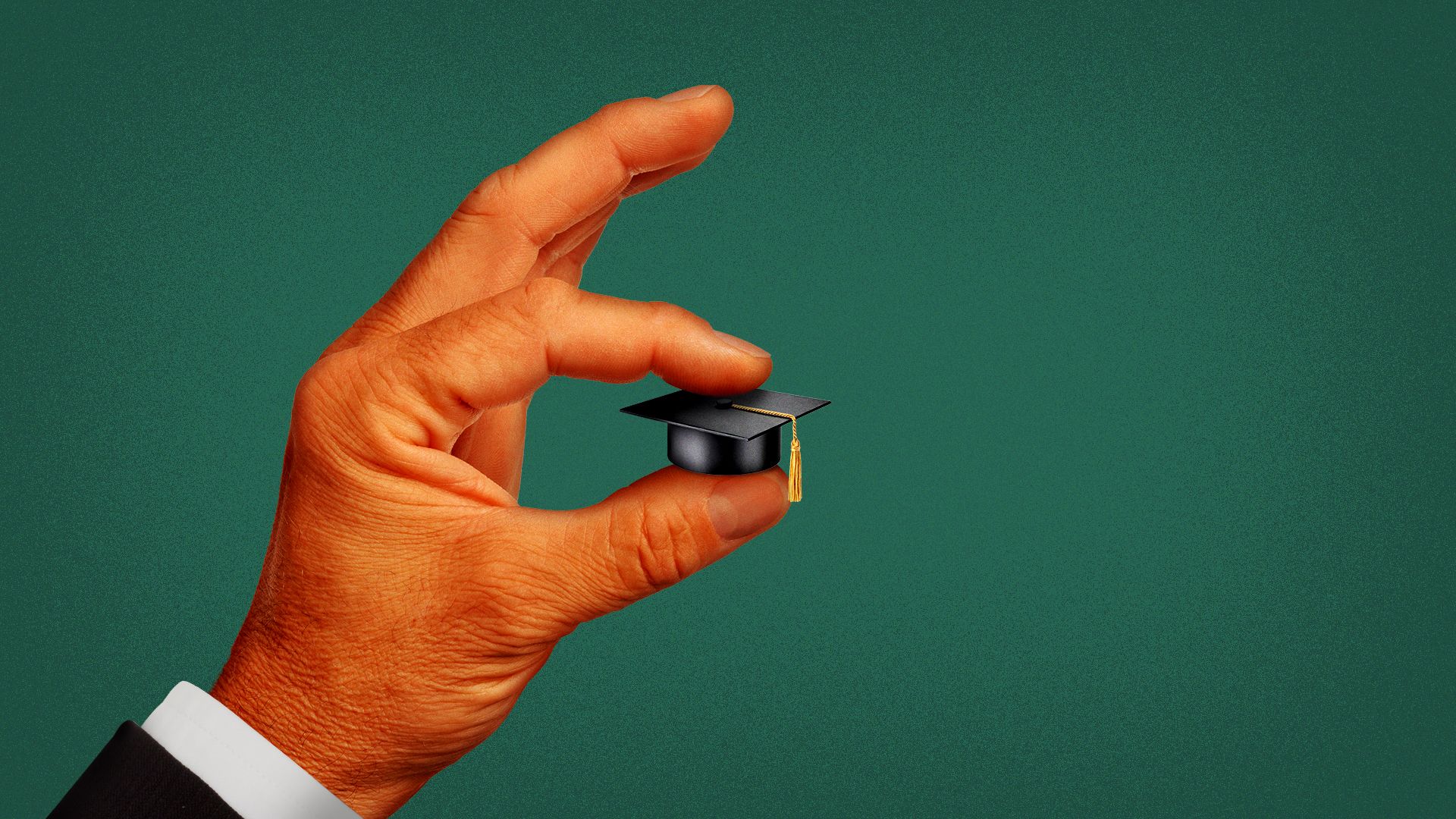 Illustration of a hand pinching a small graduation cap between its fingers.
