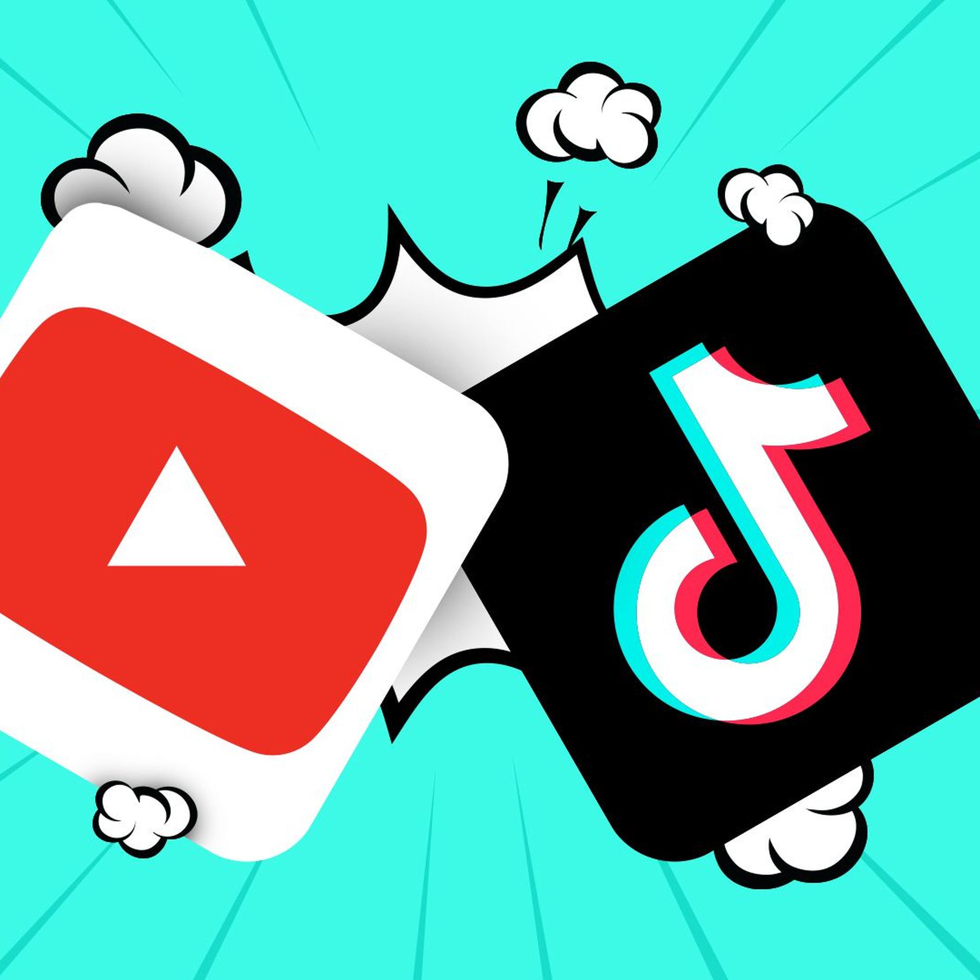 Illustration of the Youtube and TikTok app logos battling in a comic book style. 