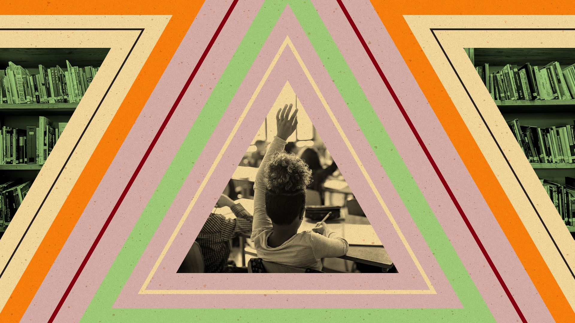 Photo illustration of geometric shapes containing a photo of a young Black girl raising her hand in school with images of books in the background.
