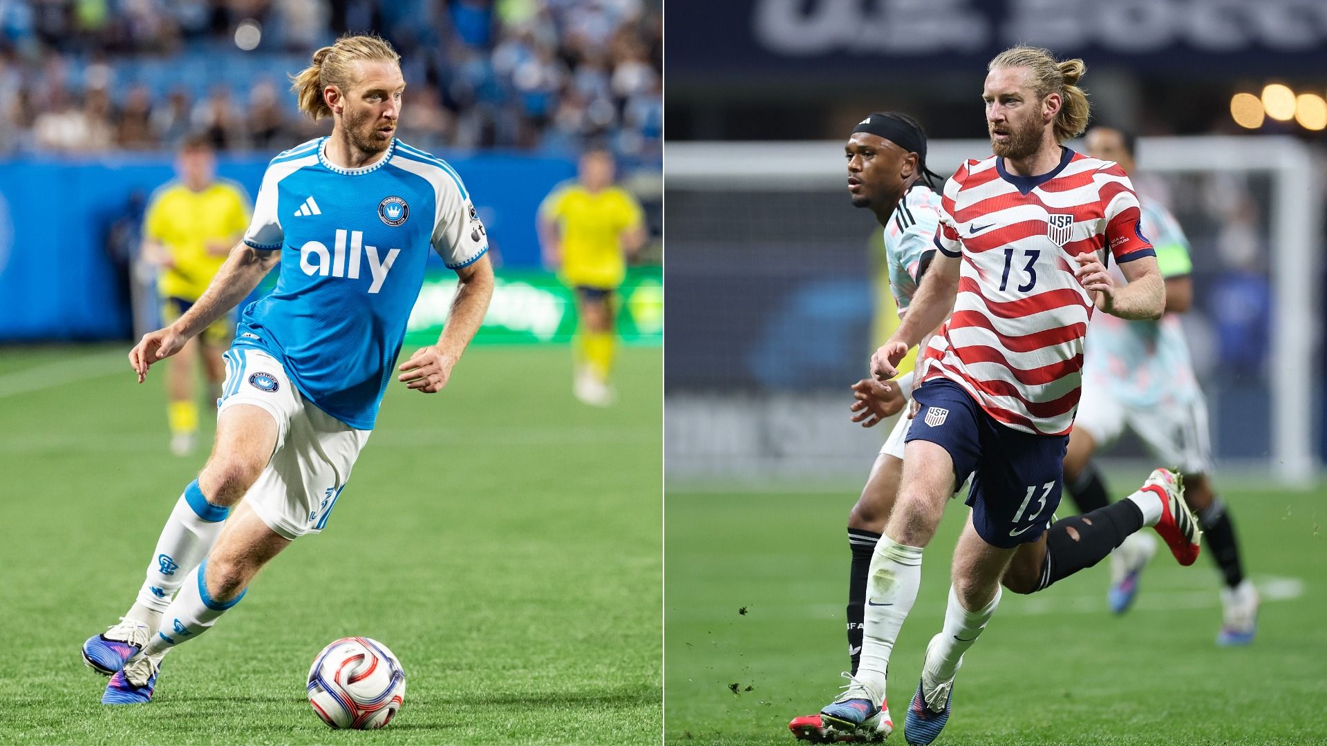 Tim Ream dribbling in a blue and white Charlotte FC kit and defending in a USMNT red, white and blue kit. 