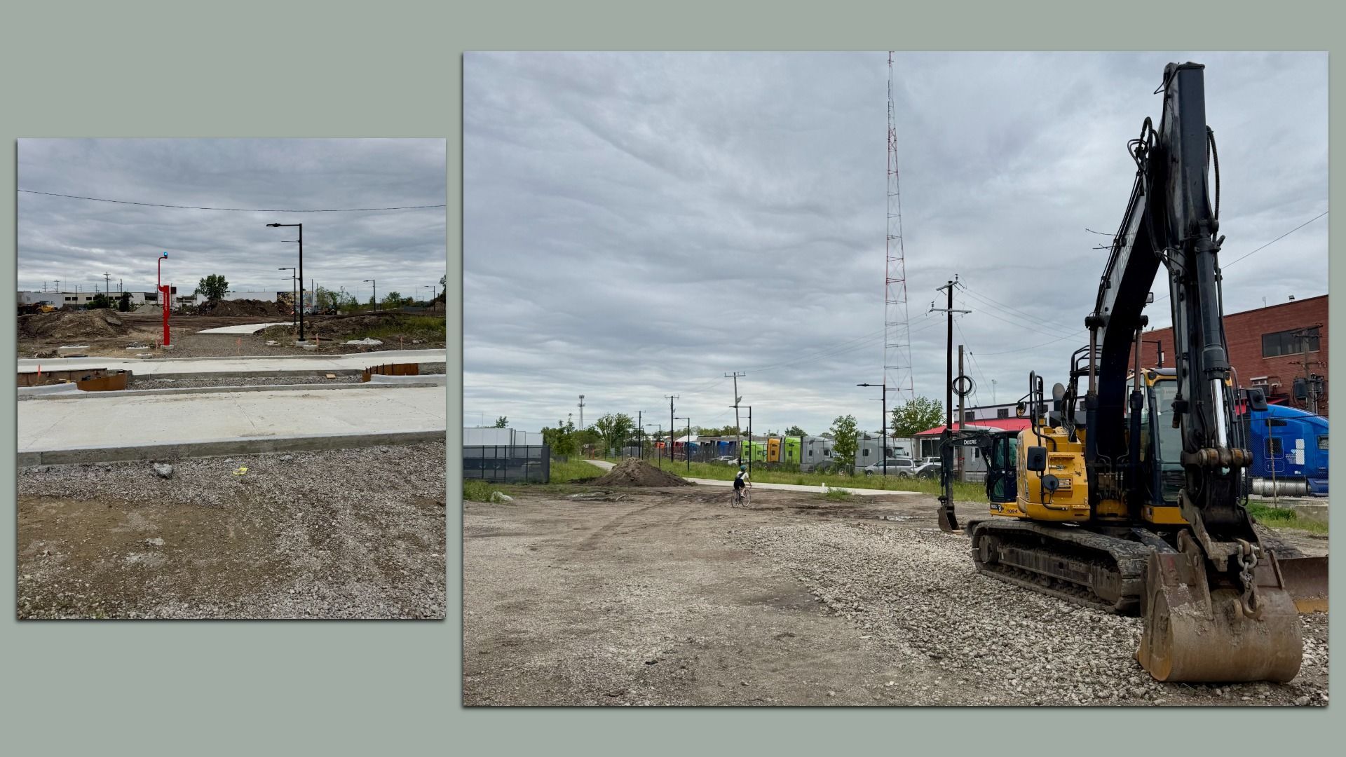 Two-panel construction scene under gray, overcast sky. Right panel shows a large yellow excavator on gravel beside a brick building and utility poles. Left panel features a tall red post, curb, and dirt work.