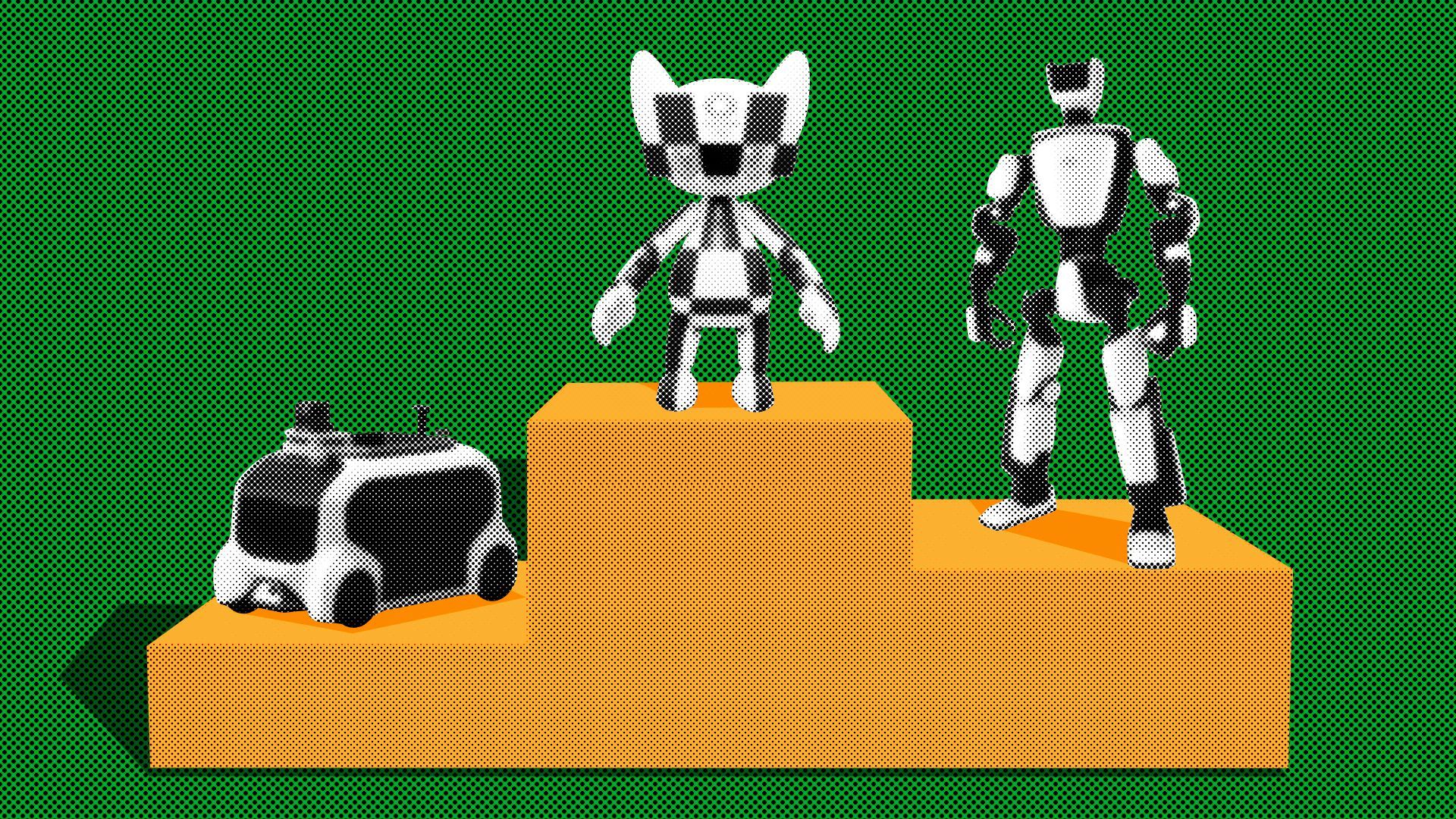 Photo illustration of three robots to be used in the Tokyo Olympics on a medal podium