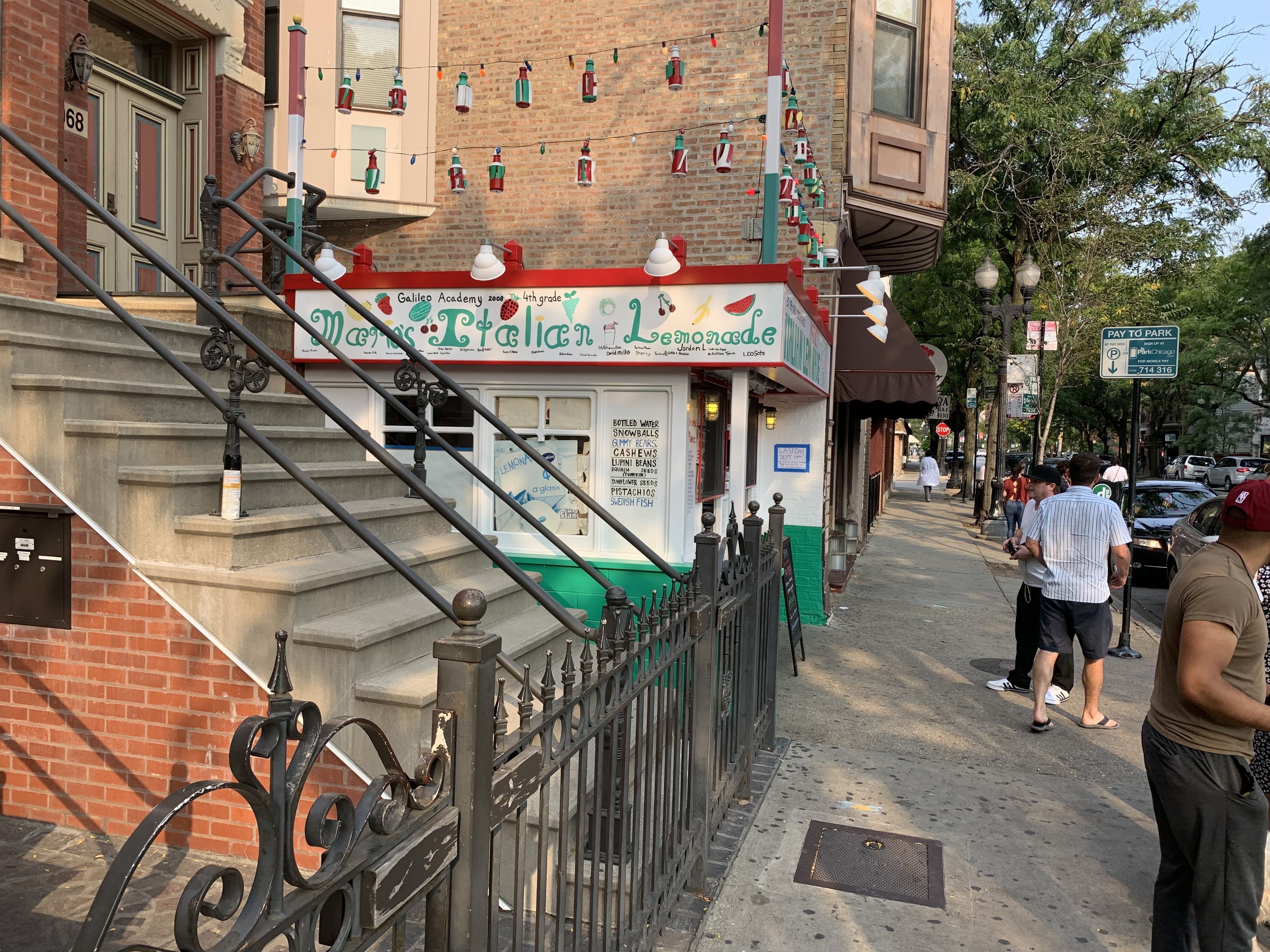 Photo of a shack that says "Mario's Italian Lemonade" 