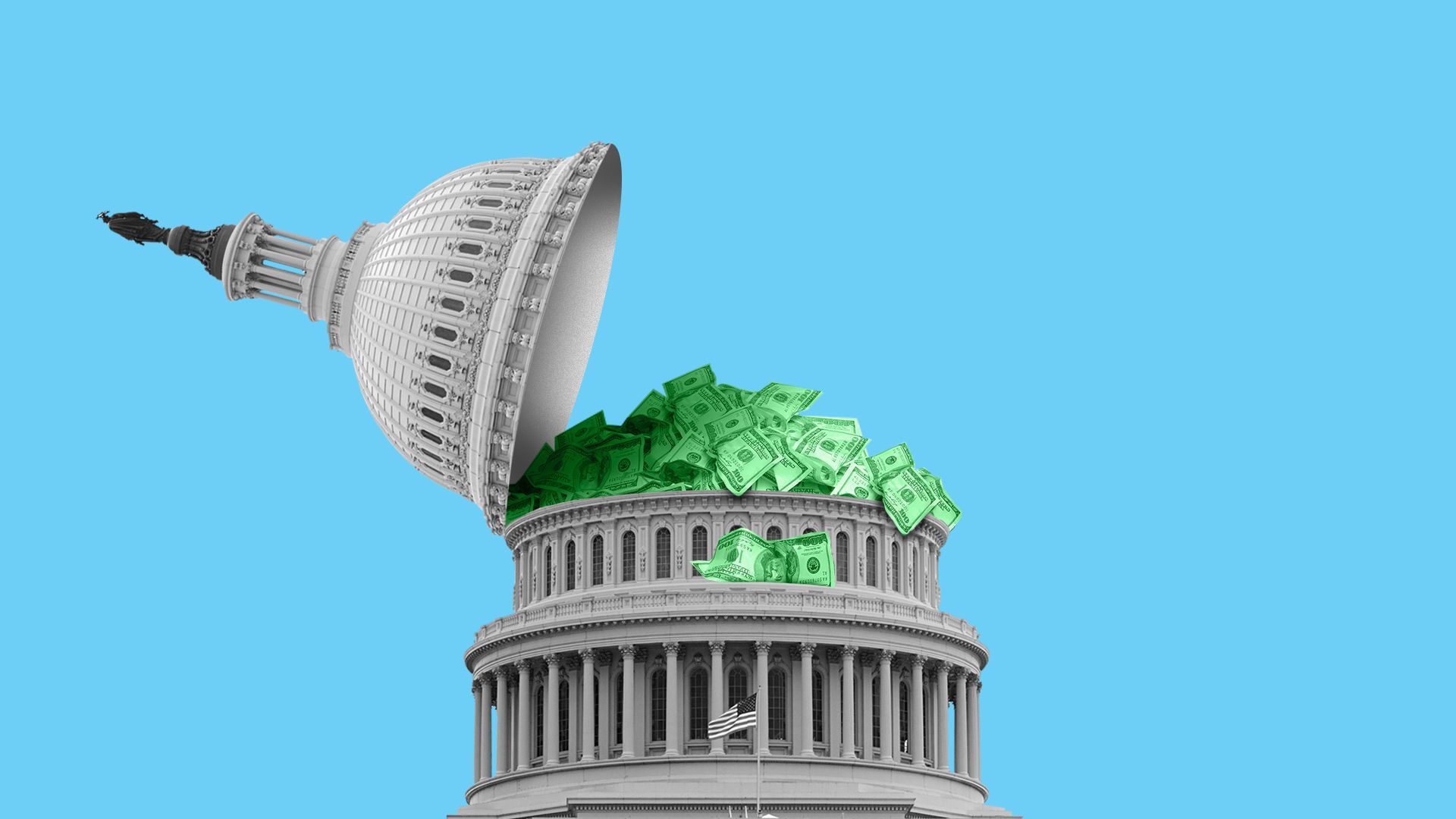 Illustration of the Capitol building open with money coming out. 