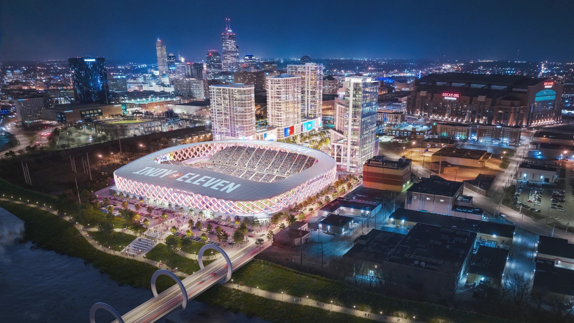 Rendering showing a new Indy Eleven stadium with the Indianapolis skyline in the background.