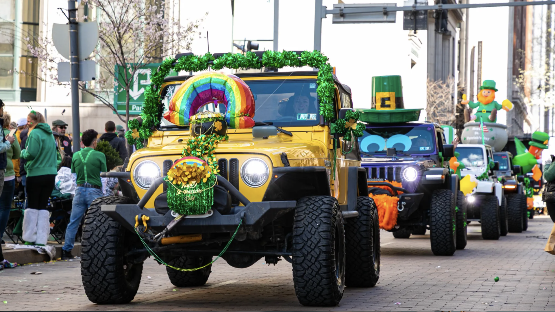 Jeeps parade down Grand Street in Pittsburgh's 2024 St. Patrick;s Day parade