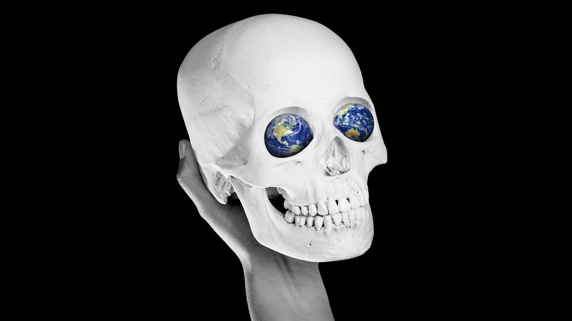 Illustration of a hand holding a skull with two globes for eyes
