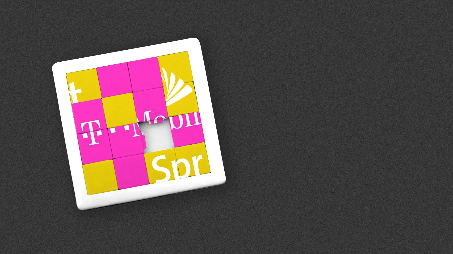 Illustration of a slide puzzle with the TMobile and Spring logos all jumbled up.