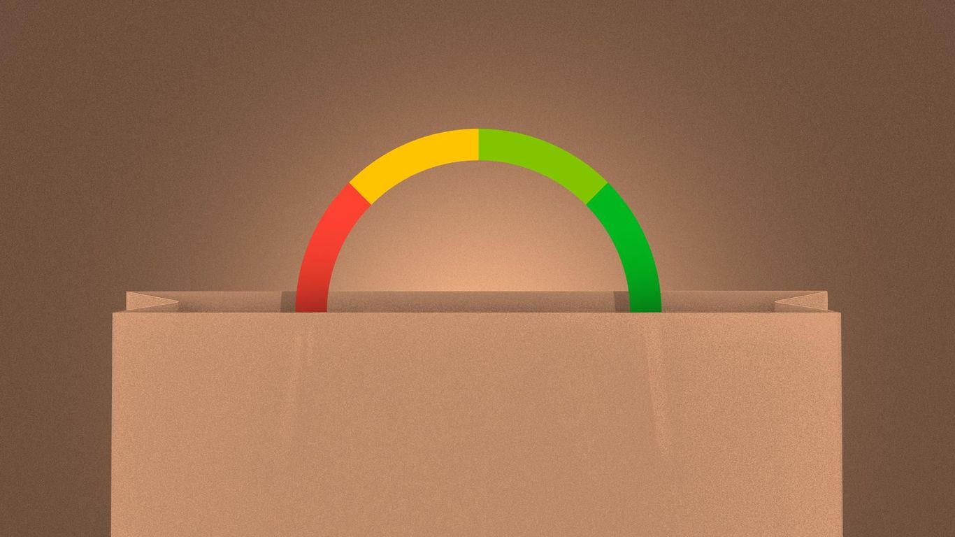 Illustration of a shopping bad with a credit score meter as the handle. 