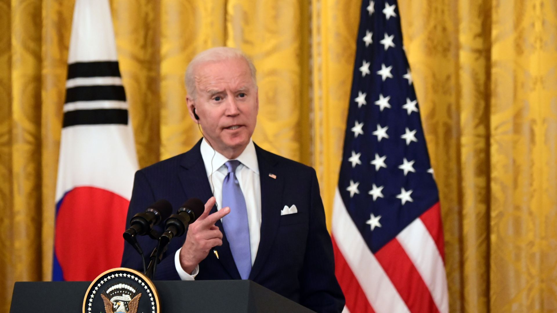 U.S. President Joe Biden speaks during a news conference with Moon Jae-in, South Korea's president, not pictured, in the East Room of the White House in Washington, D.C.