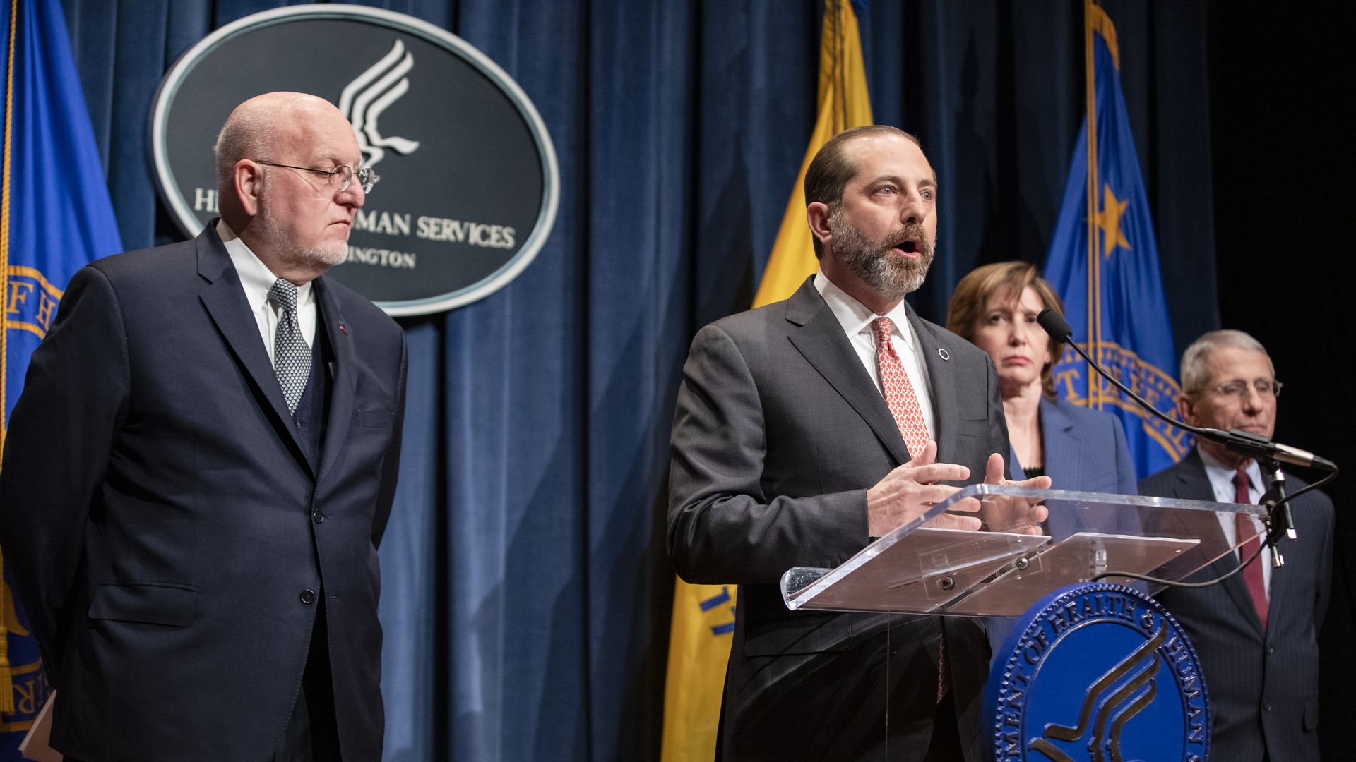 HHS Secretary Alex Azar and 3 other public health officials at the news briefing