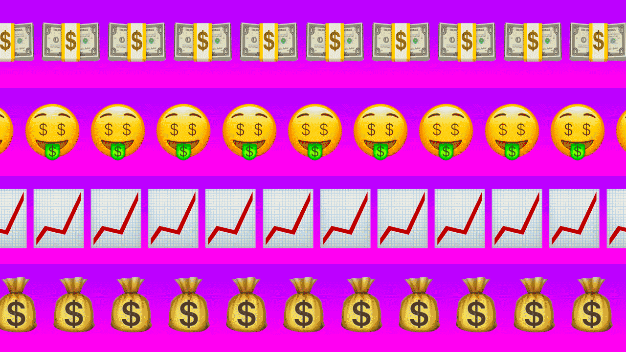 Illustration of rows of money emojis, smiley face with dollar sign tongue emojis, upward trending chart emojis and money bag emojis scrolling in opposite directions