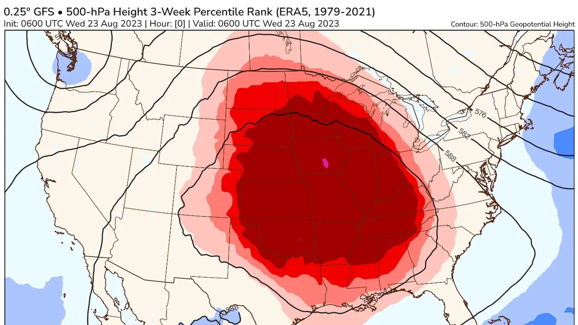 A computer model of the U.S. map showing a heat dome across the Central states. 