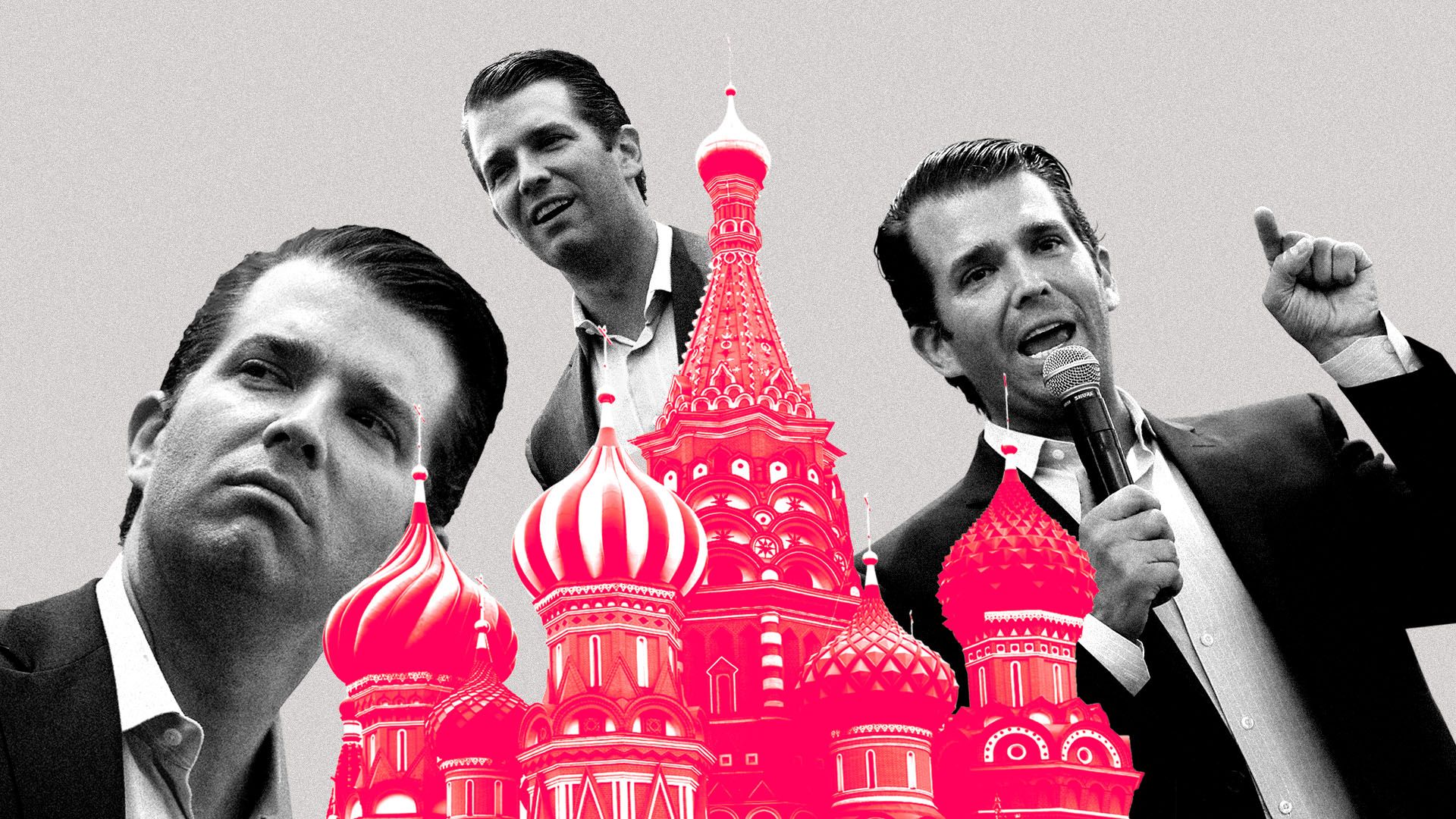 Illustration of multiple Donald Trump Jr's around the Kremlin