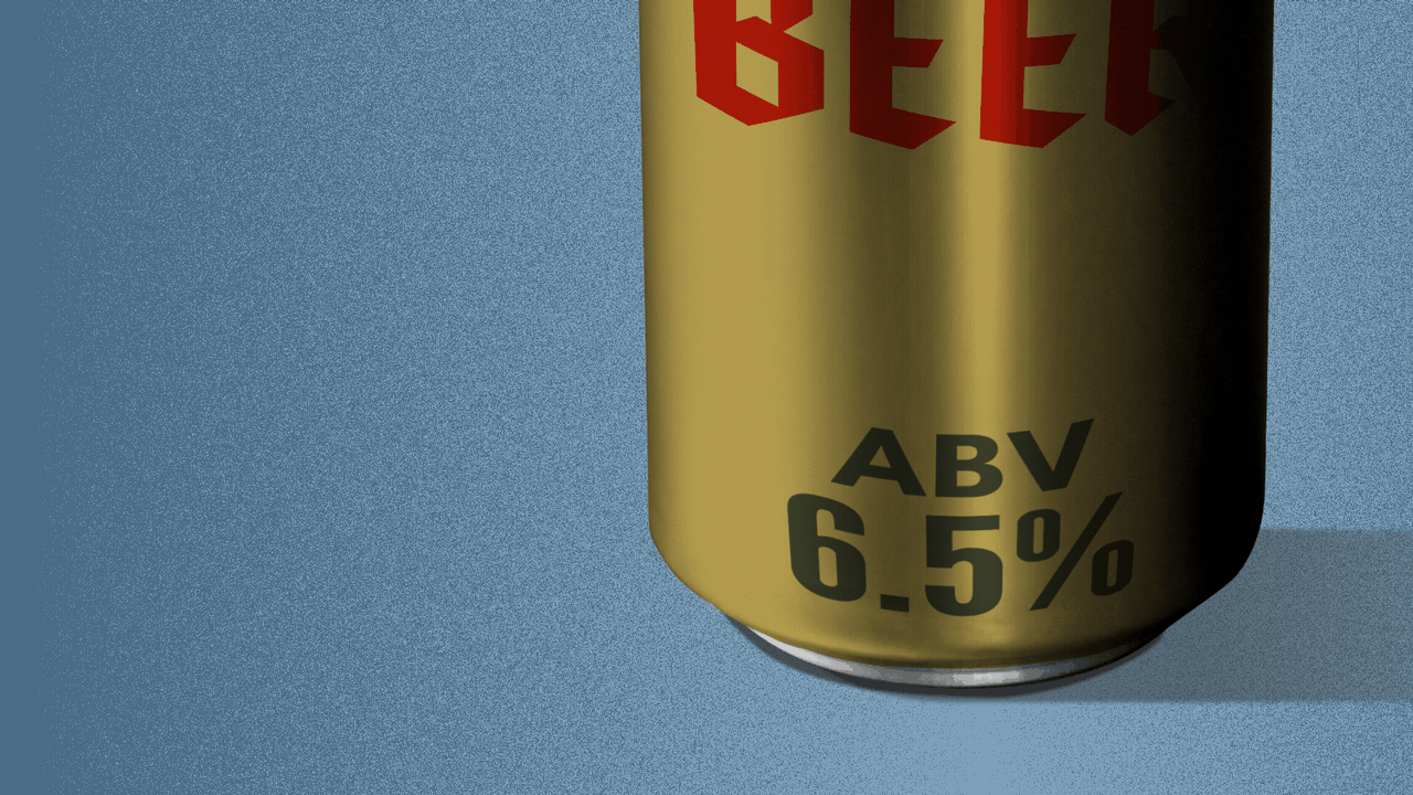 Illustration of a beer can with a declining alcohol by volume. 