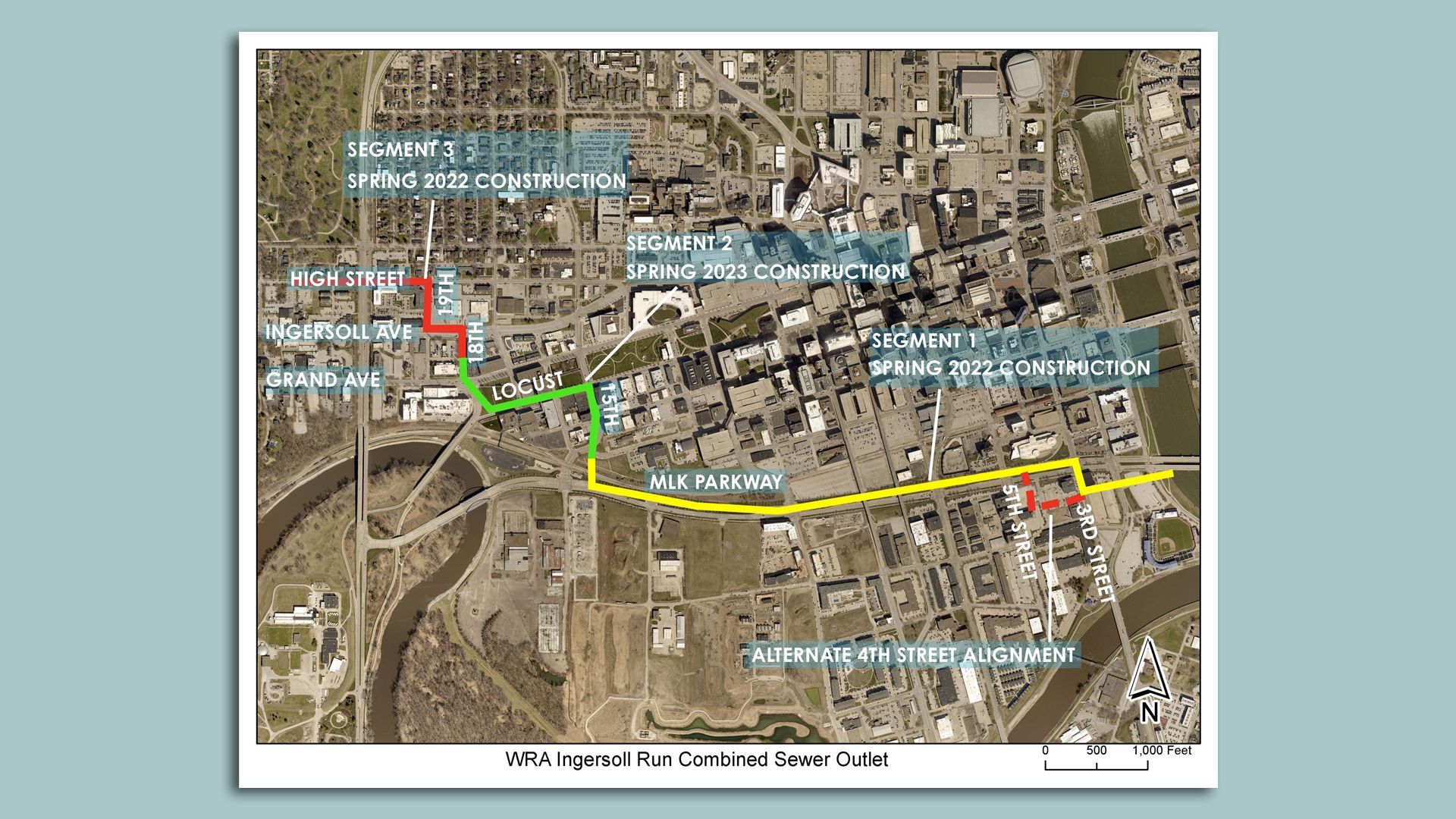 A map showing the Ingersoll Run sewer separation project in downtown Des Moines.