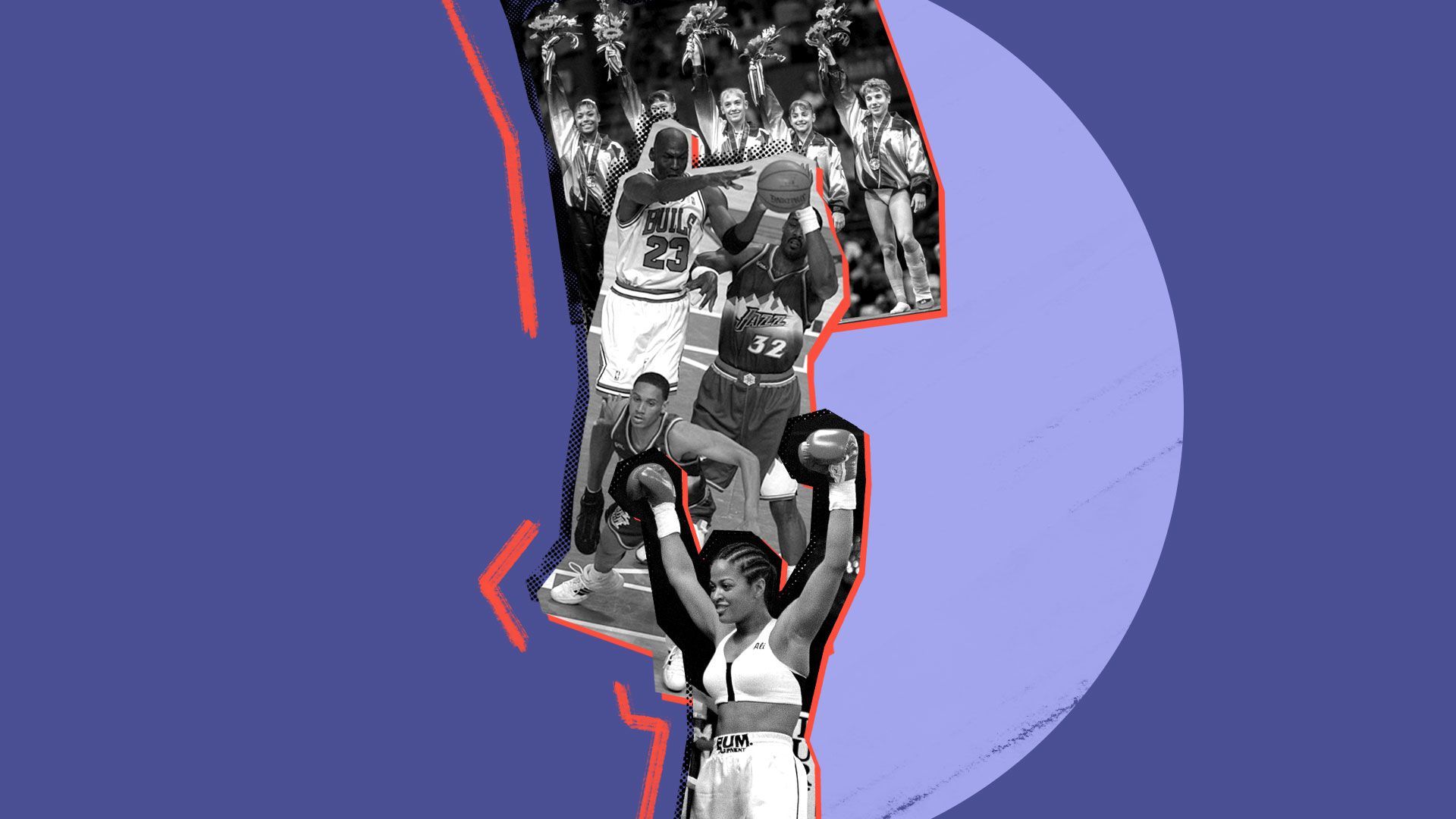 Photo illustration of Michael Jordan, Laila Ali, USA Olympic gymnastic teams