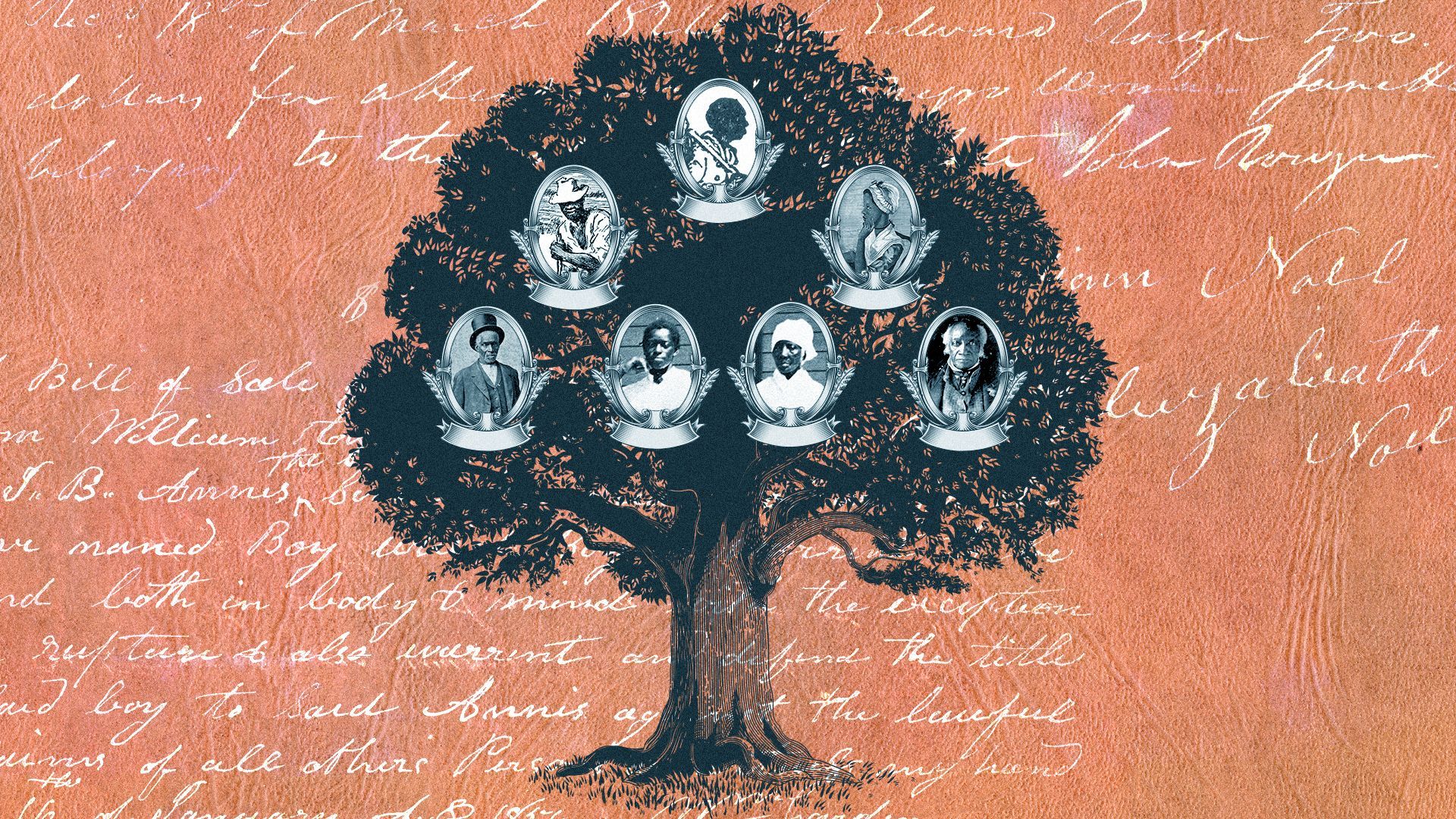 Photo illustration of drawings and photographs of enslaved people on a family tree with slave bill of sales in the background.