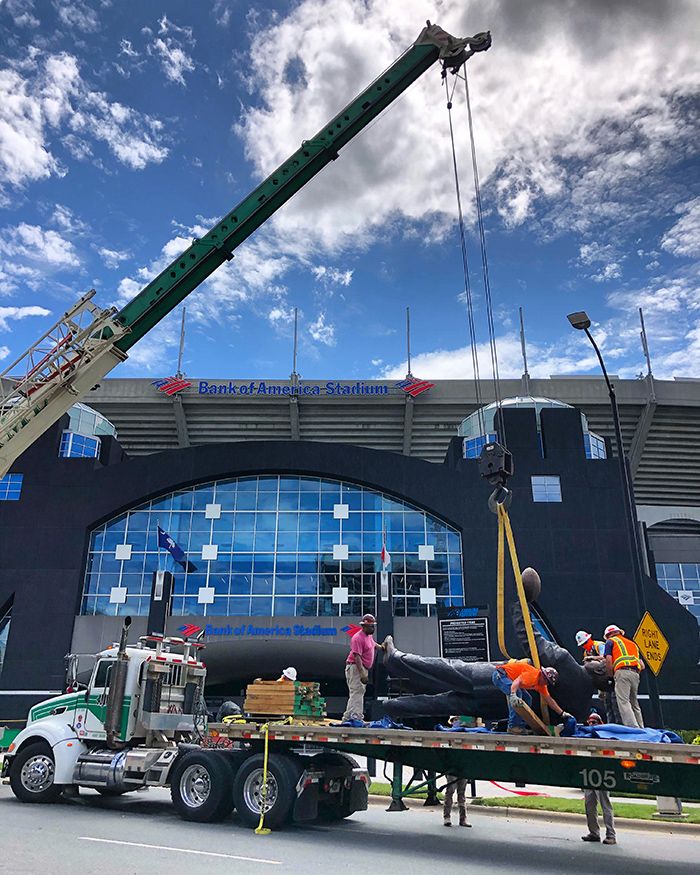 The 13-foot statue of former Panthers owner Jerry Richardson was removed from the front of Bank of America Stadium in June