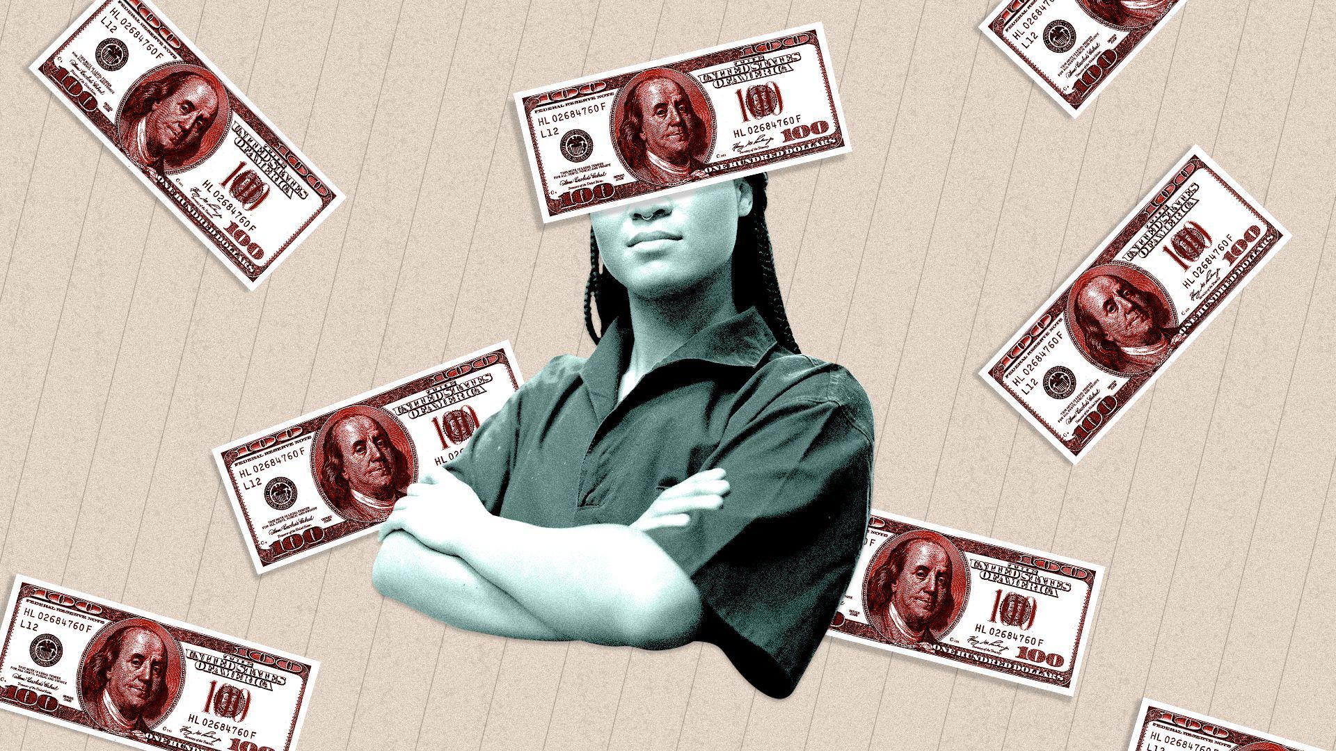 Illustration of a person of color with hundred dollar bills falling around her. 