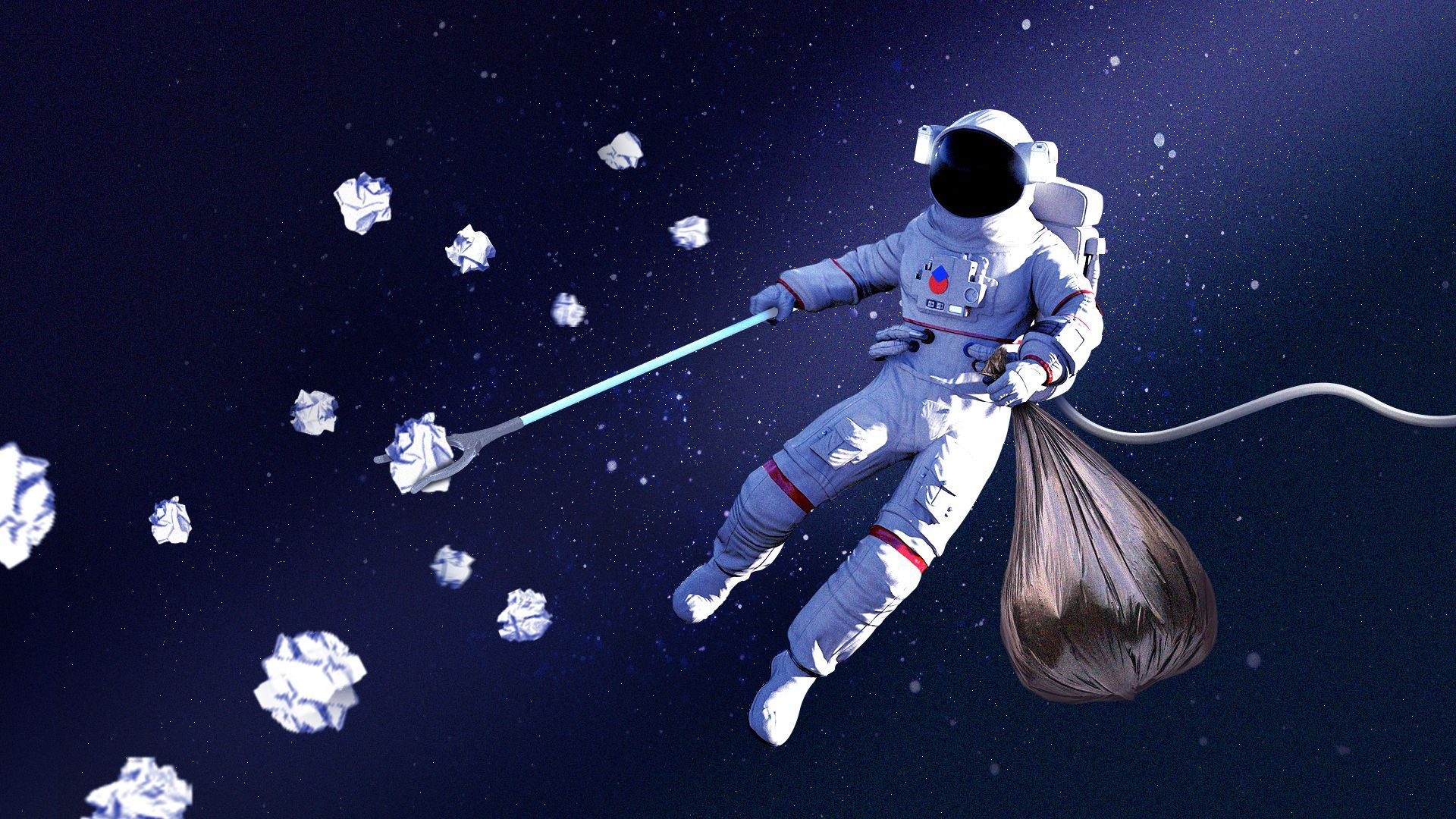 Illustration of an astronaut floating in outer space while collecting trash and holding a garbage bag.