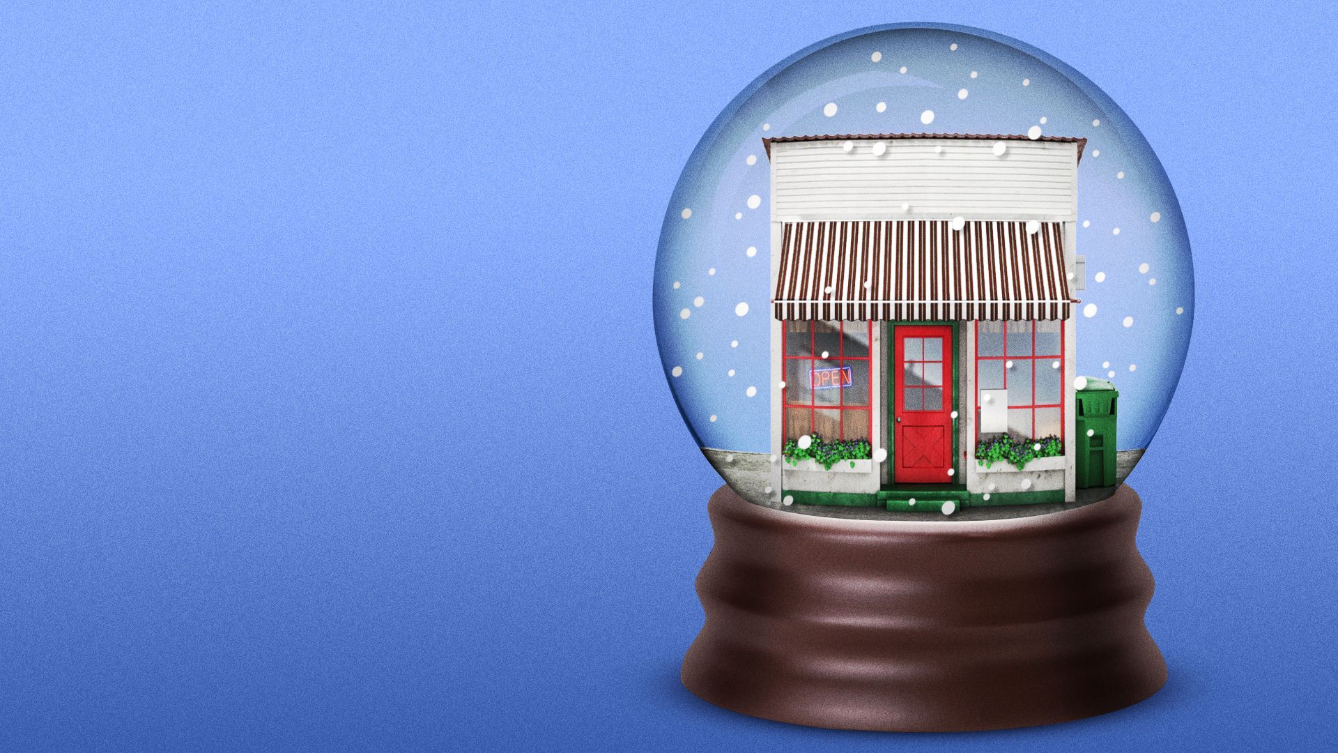 Illustration of a shop inside a snowglobe. 