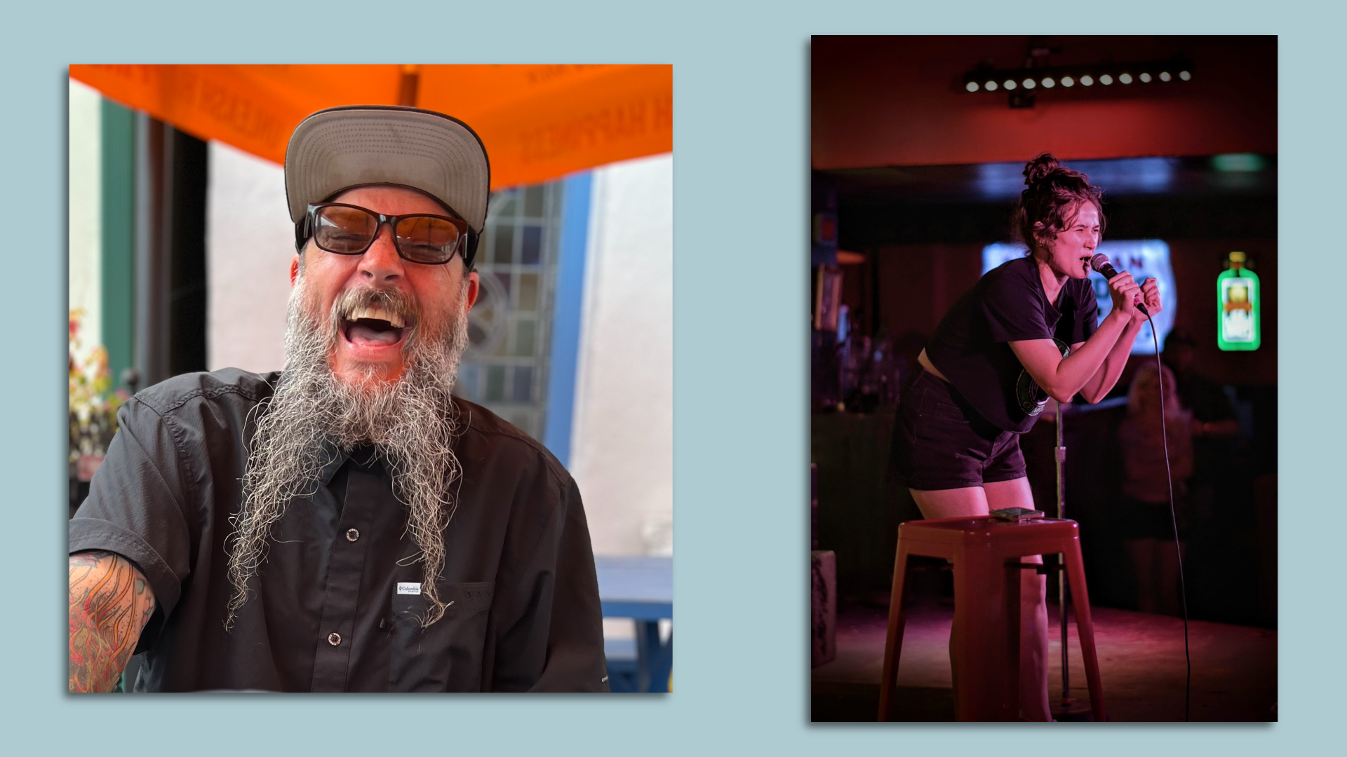 Side by side photos of a laughing man with a long two-pointed goatee and a stand-up comic onstage squinting at the audience