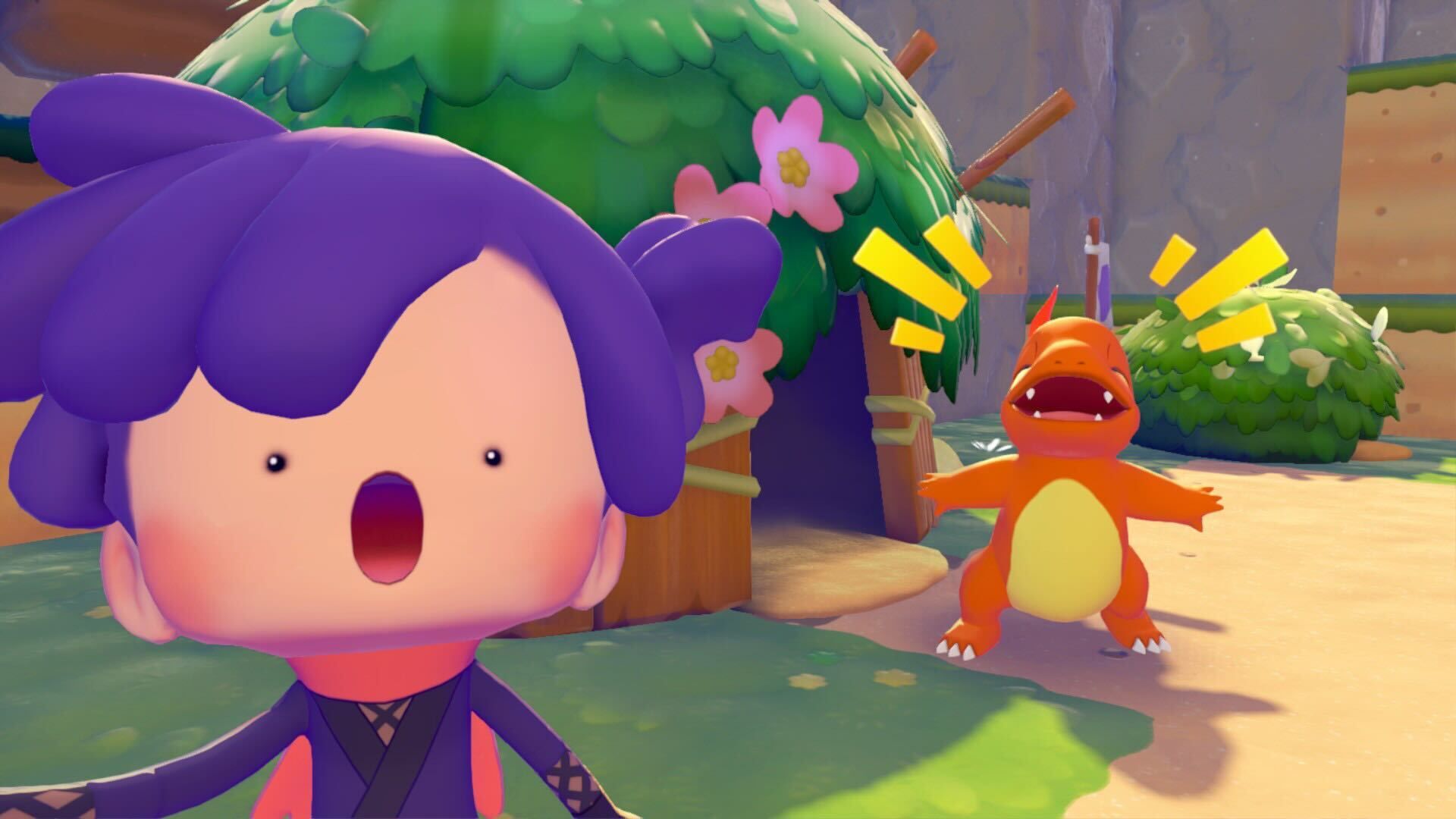 Cartoon game scene: a child with purple hair and an open mouth in the foreground; behind, an orange dragon with a yellow belly stands on a sandy path, arms out, near green bushes with pink flowers.