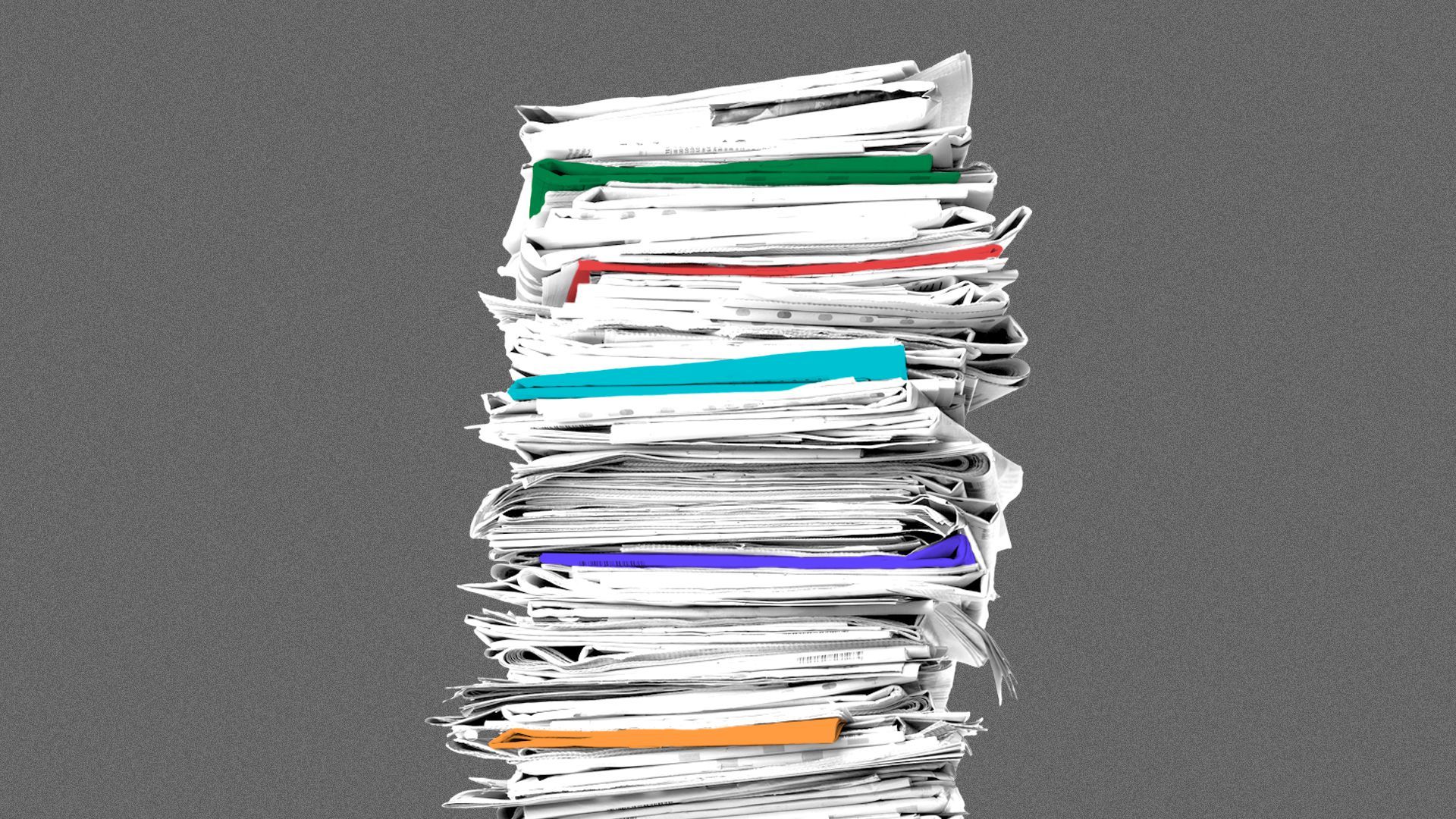Illustration of a stack of newspapers, with some of them tinted different colors.
