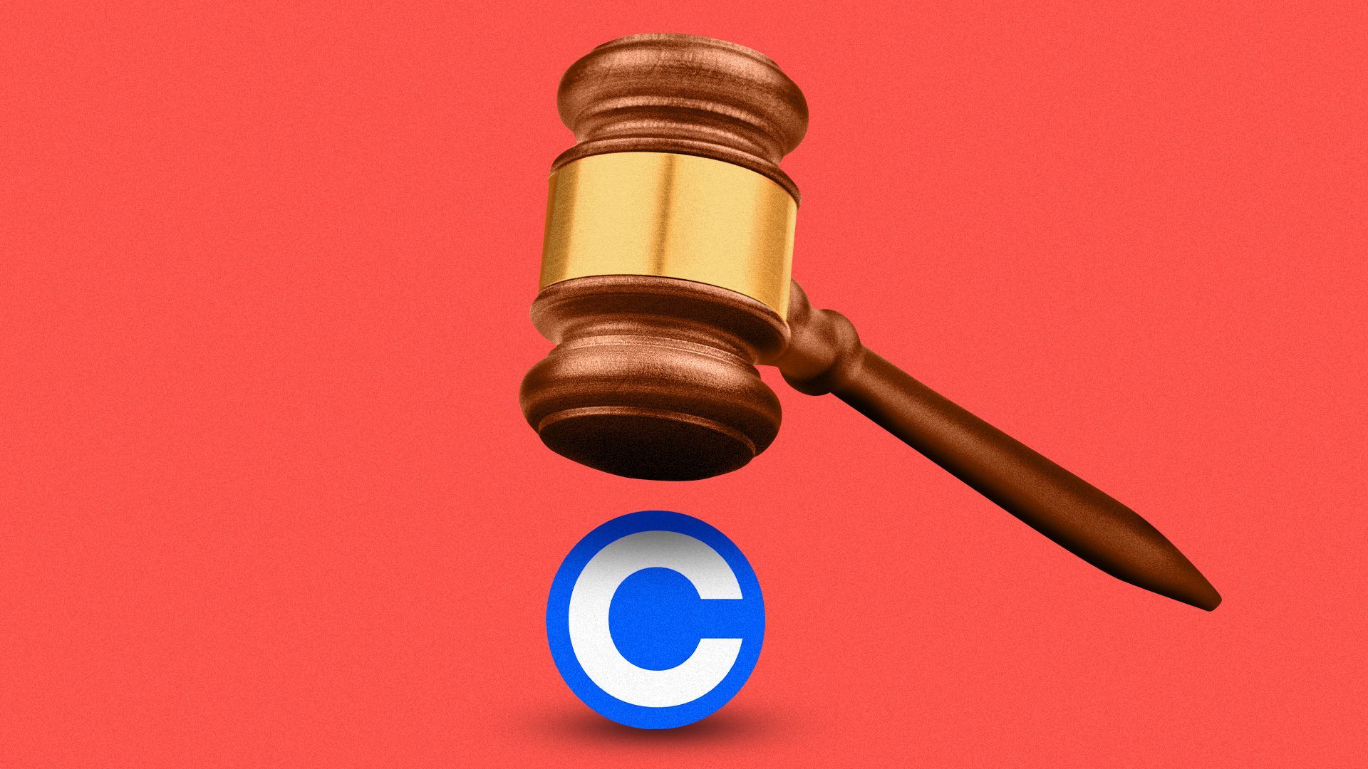 Illustration of a gavel hovering over the Coinbase logo.  
