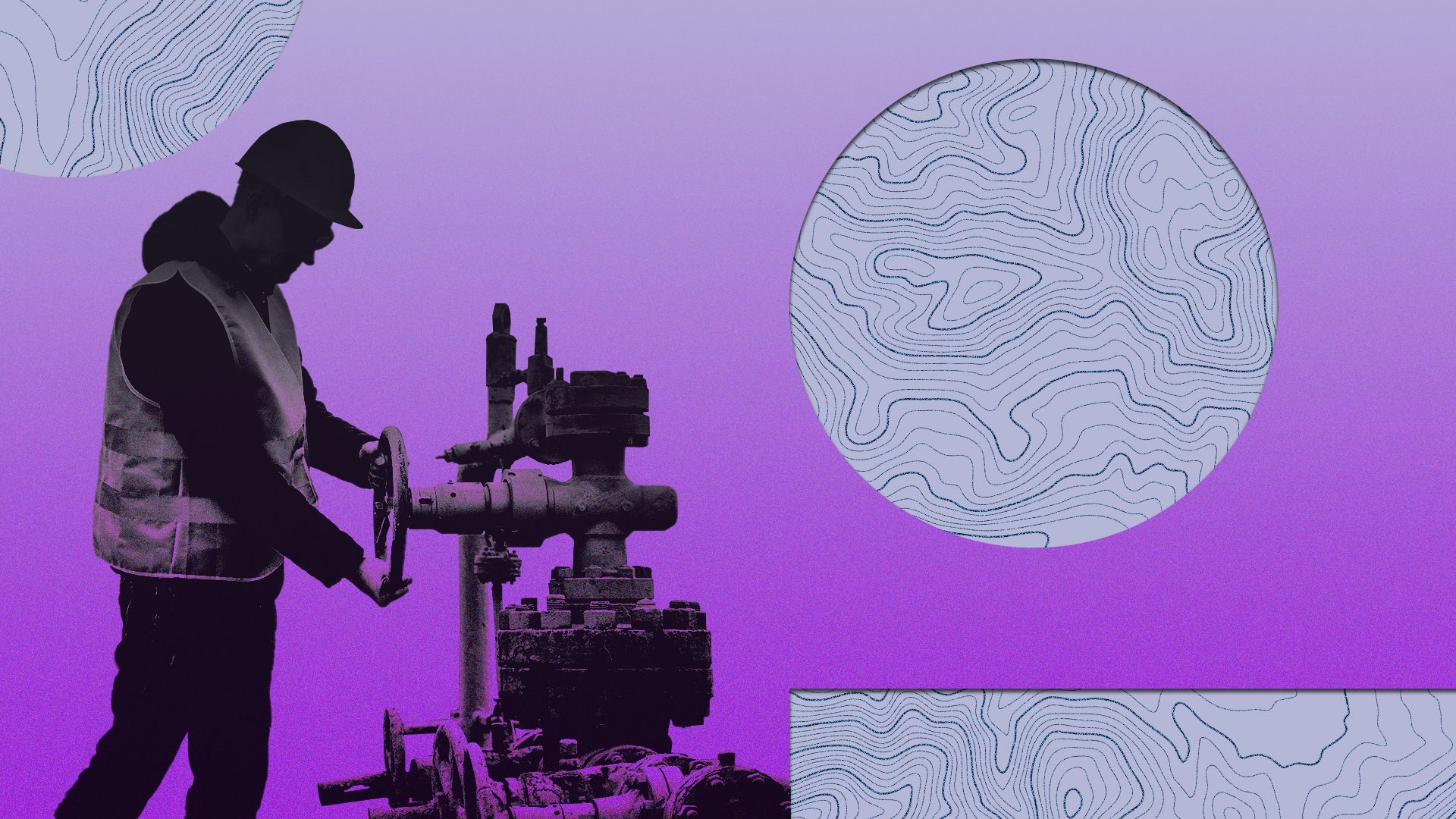 Illustration of a worker turning a gas pump vent handle, set against graphic shapes and colors