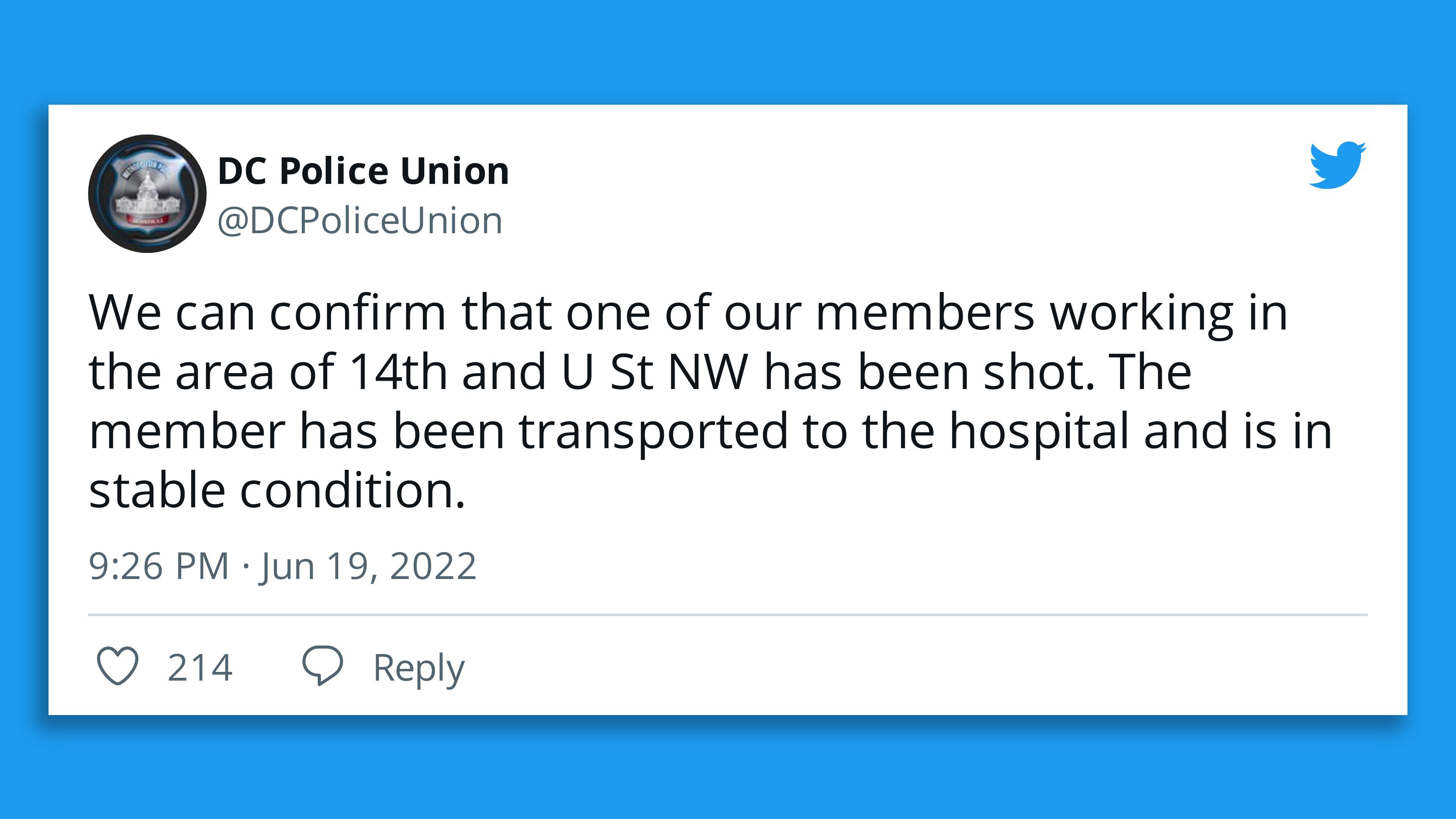 A screenshot of the D.C. Police Union's tweet confirming an officer was shot.