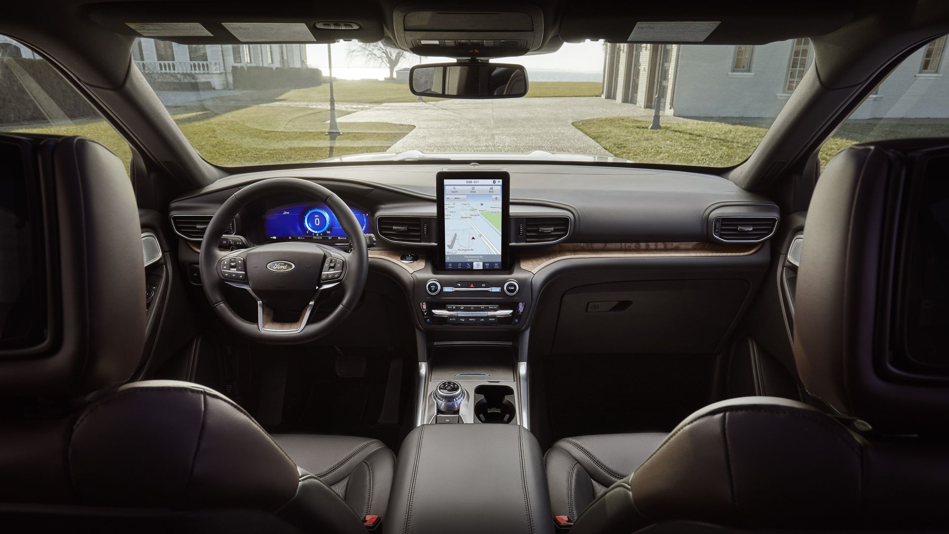 Interior view of 2020 Ford Explorer, with portrait-style touchscreen