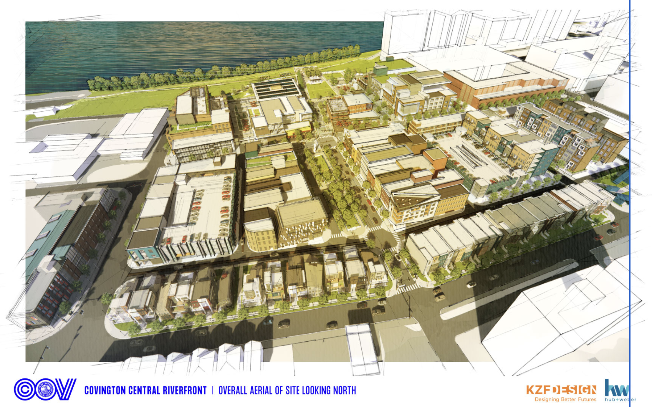 Aerial rendering of a riverside mixed-use development: tree-lined streets, green parks, and clusters of low to mid-rise buildings along a waterfront, viewed from above.