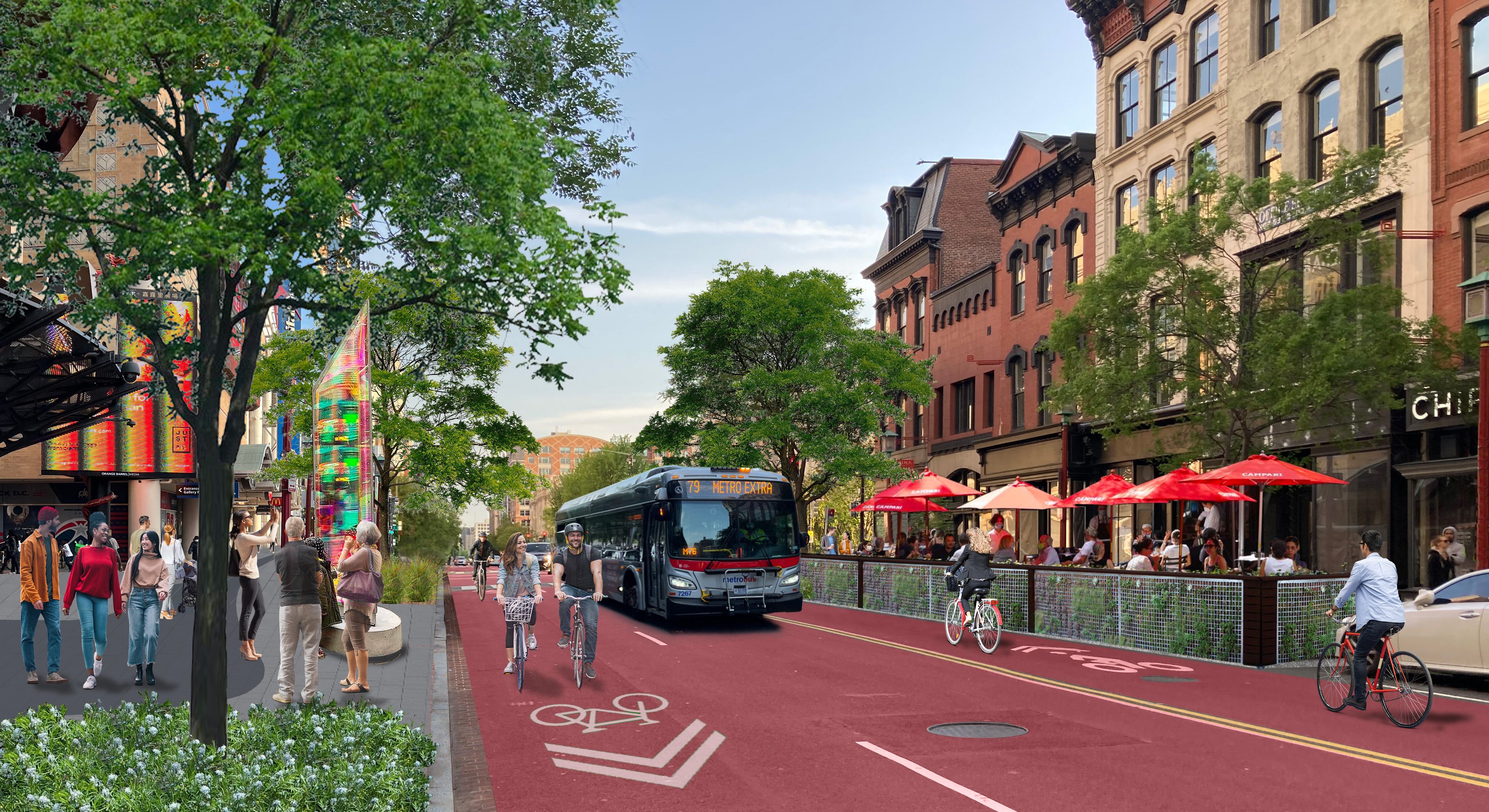 A rendering of 7th Street features cyclists, a bus on a bus lane, and people dining outside on a streeterie