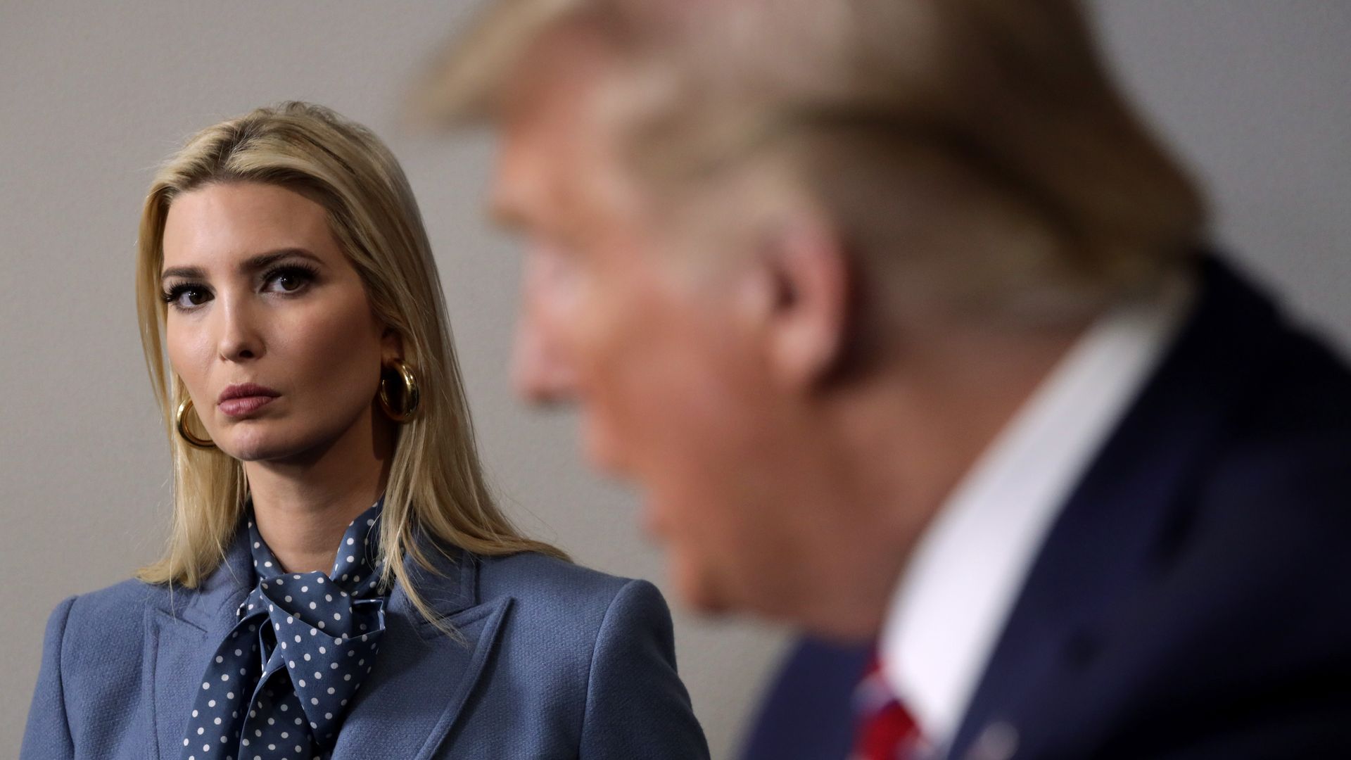 President Donald Trump speaks as his daughter and senior adviser Ivanka Trump looks on during a news briefing on the latest development of the coronavirus outbreak in the U.S. at the James Brady Press Briefing Room at the White House March 20, 2020 in Washington, DC.