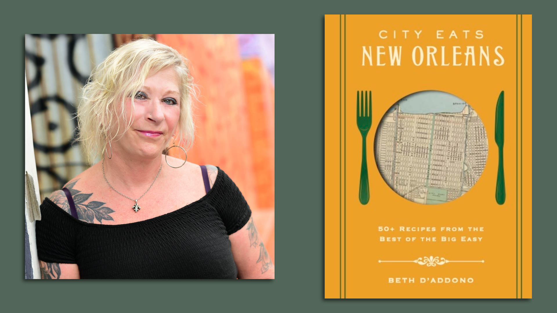 In side by side photos, a headshot of a woman and, at right, the cover of a book that says "City Eats: New Orleans."