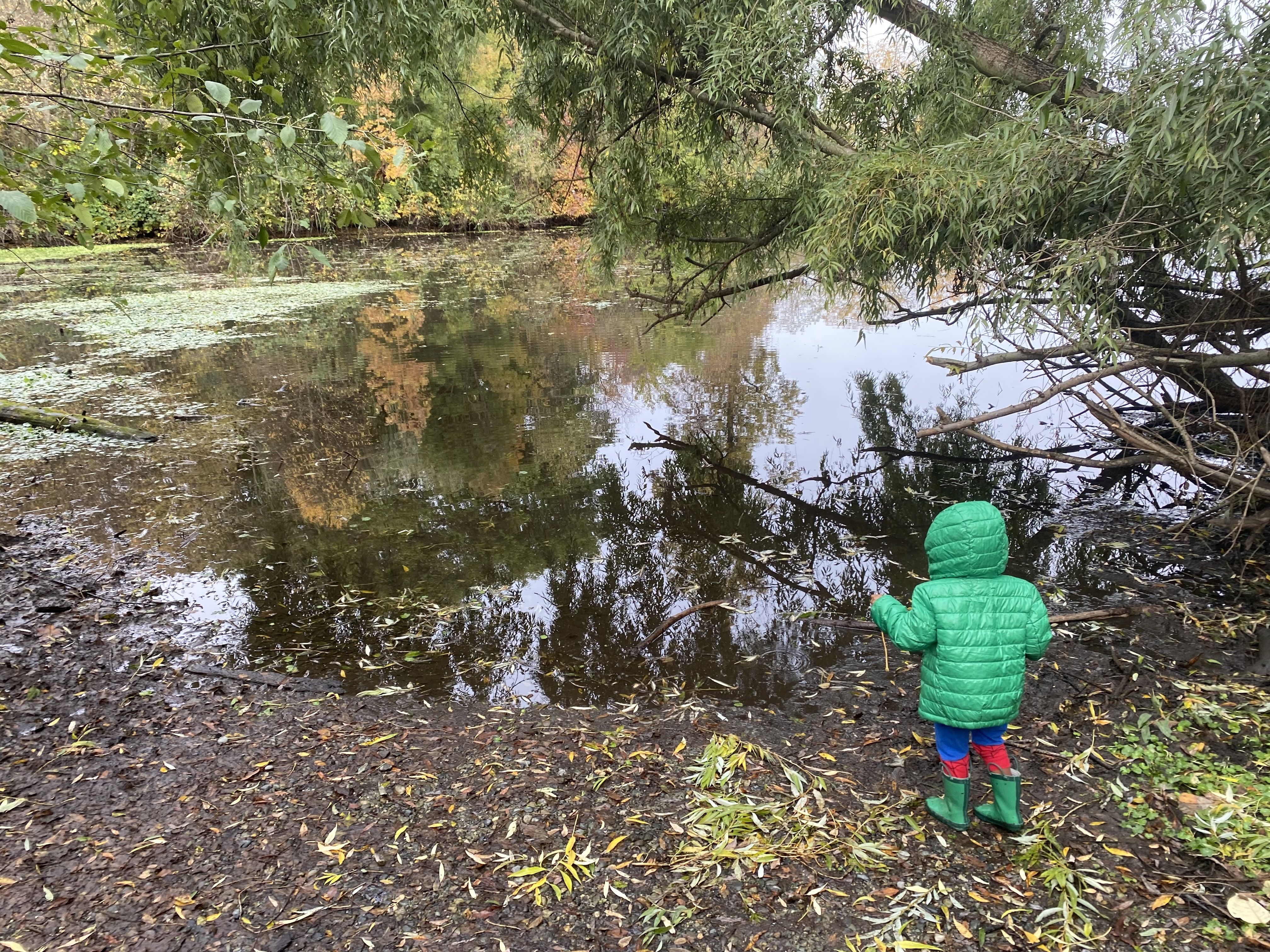 A little boy in a green coat and green boots stands at the edge of a body of water.