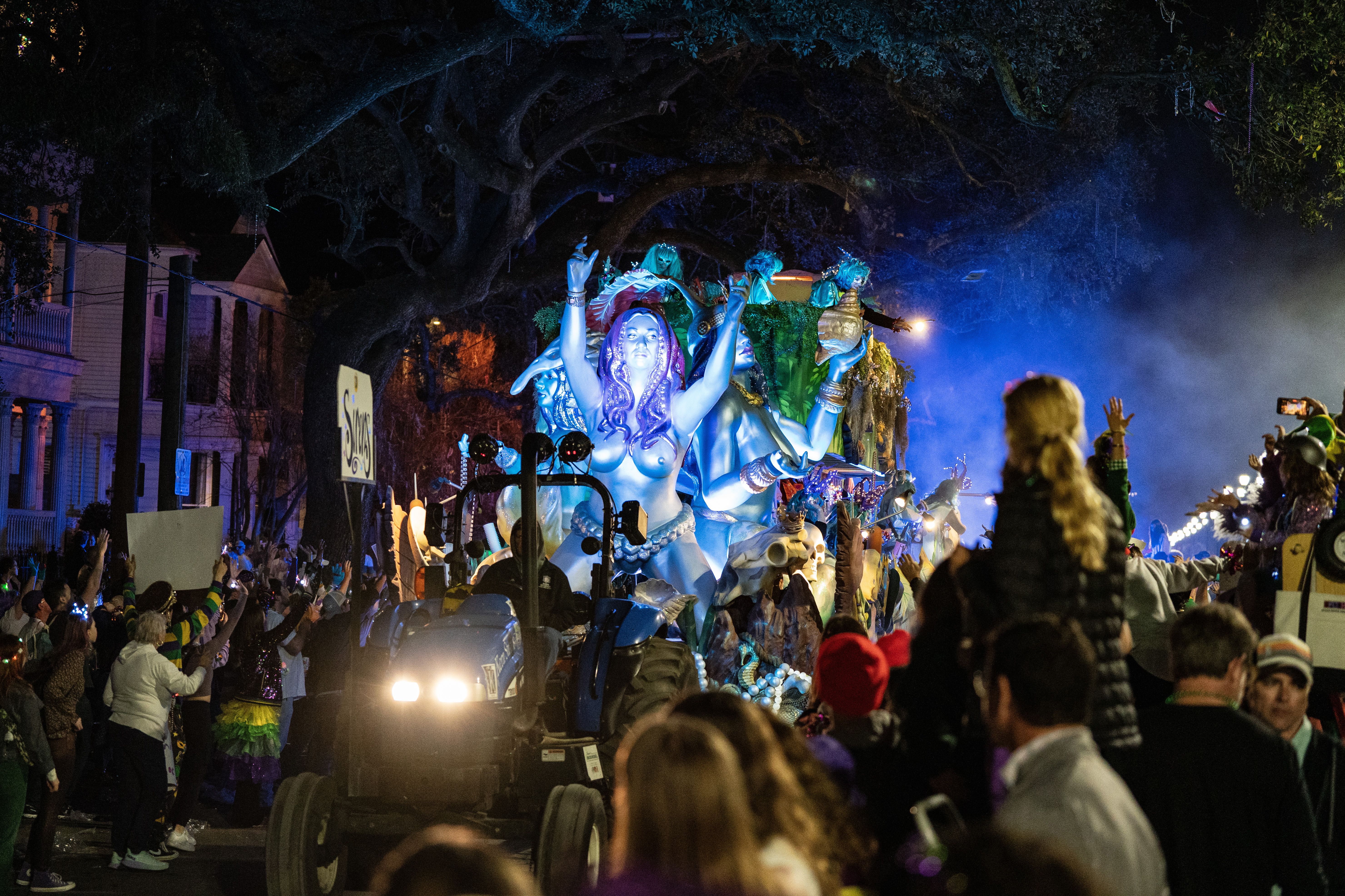 Photo shows a float in the Krewe of Muses parade