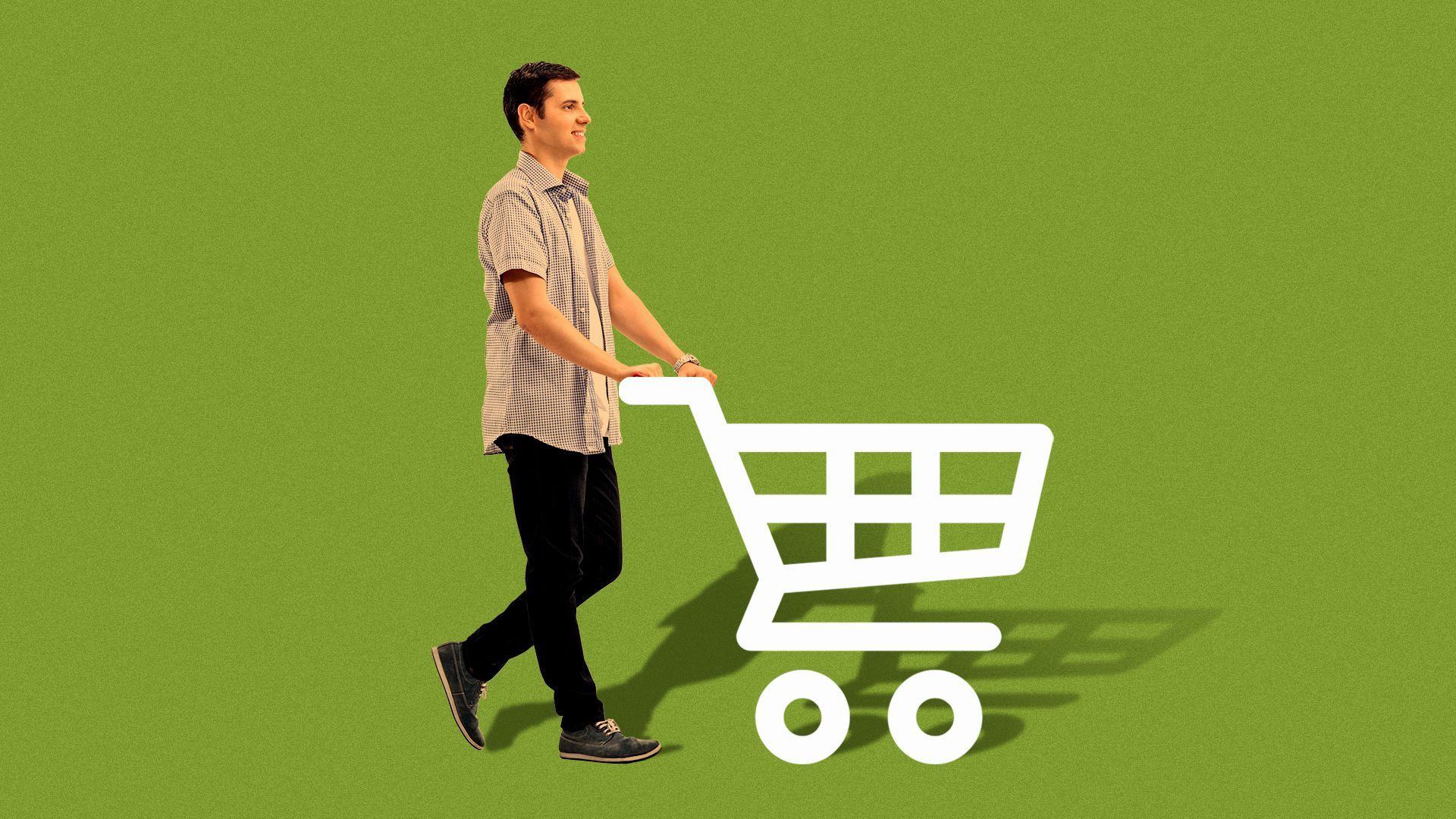 Illustration of a man pushing an online shopping cart icon